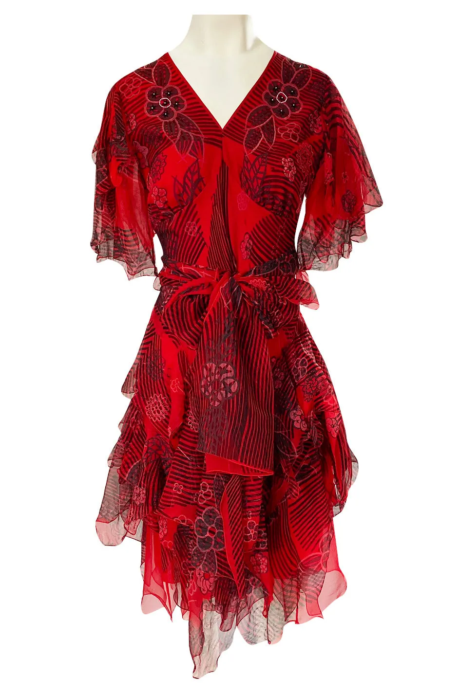 Spring 1988 Zandra Rhodes 'Fantastic Flower Garden' Red Silk Print Dress