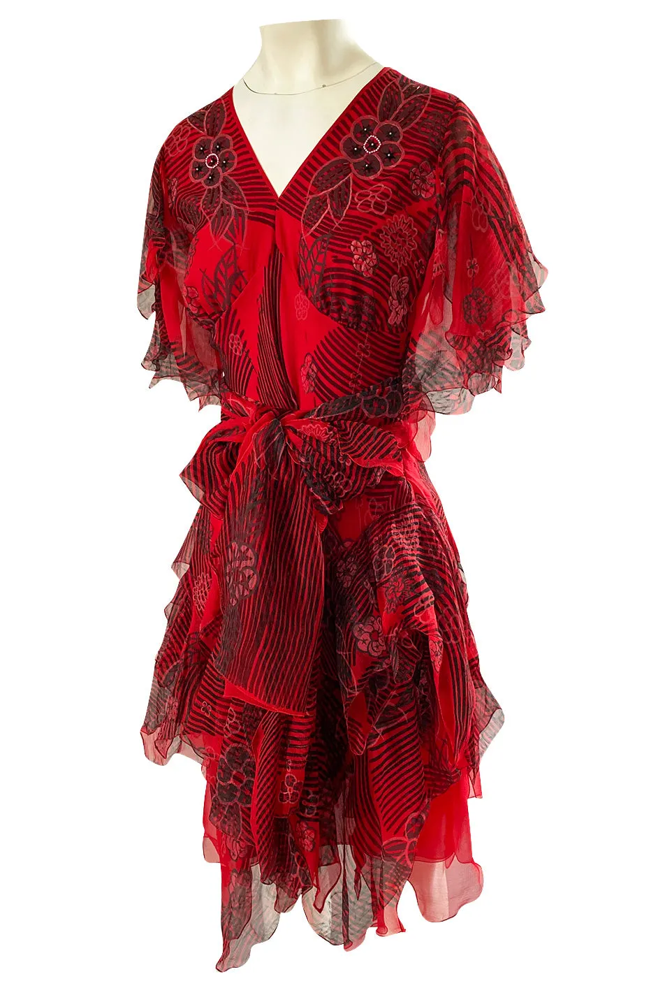 Spring 1988 Zandra Rhodes 'Fantastic Flower Garden' Red Silk Print Dress