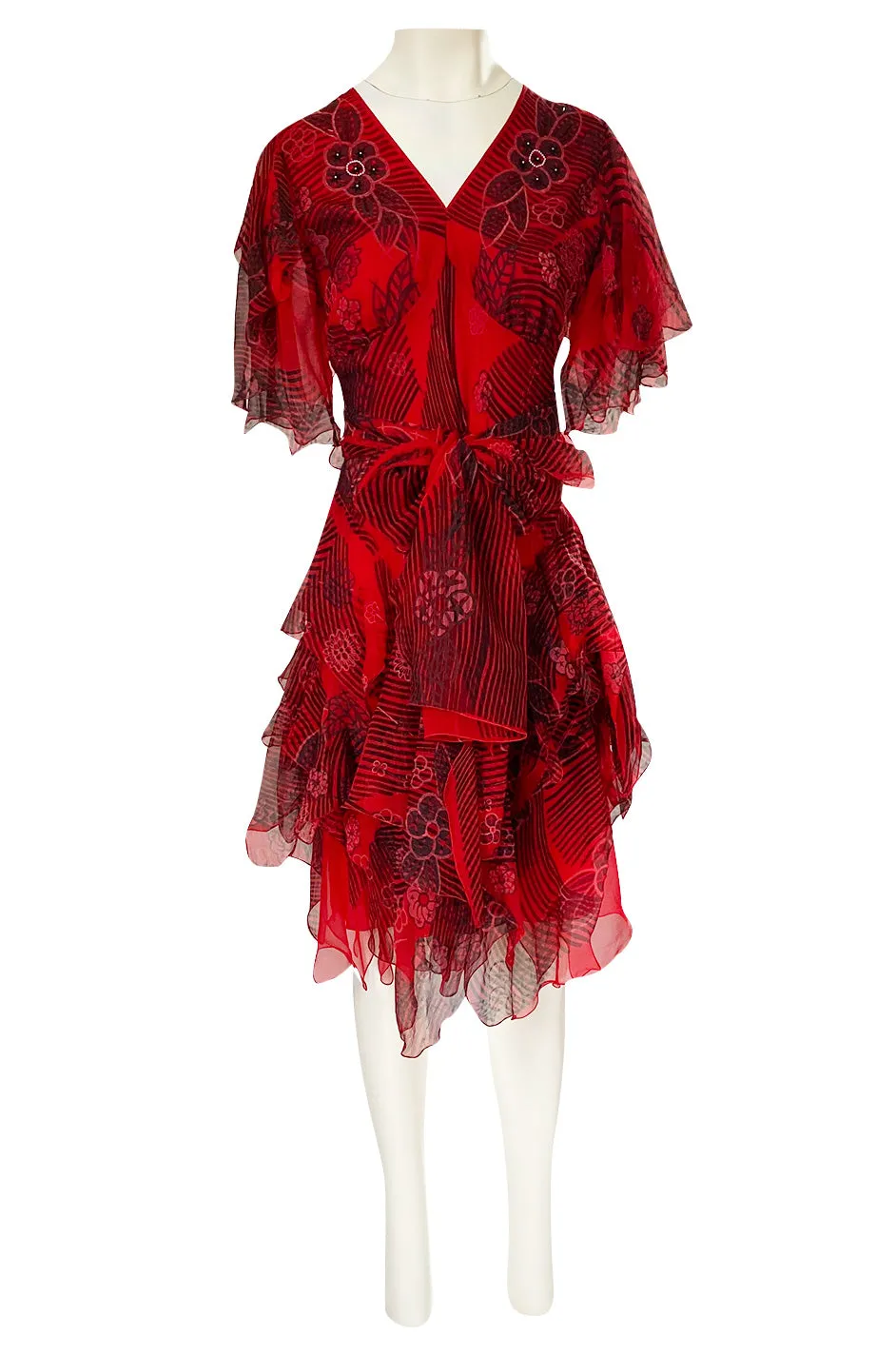 Spring 1988 Zandra Rhodes 'Fantastic Flower Garden' Red Silk Print Dress