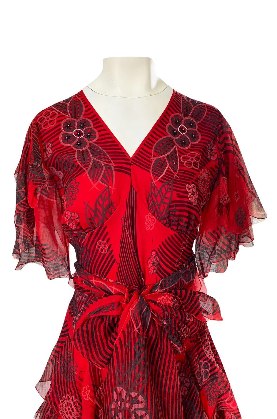 Spring 1988 Zandra Rhodes 'Fantastic Flower Garden' Red Silk Print Dress