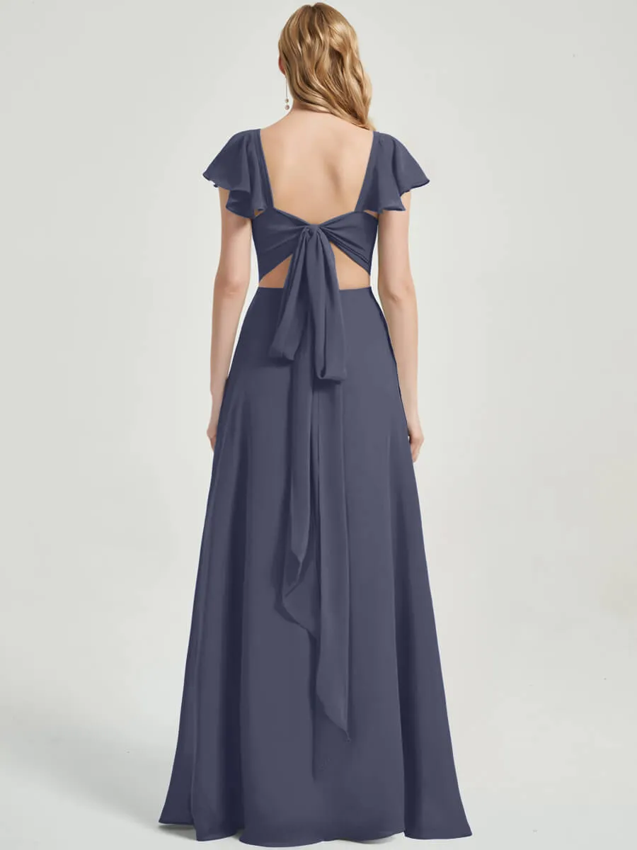 Stormy Ruffle Cap Sleeves Floor Length Slit Chiffon Bridesmaid Dress