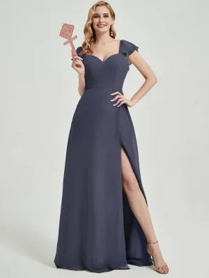 Stormy Ruffle Cap Sleeves Floor Length Slit Chiffon Bridesmaid Dress