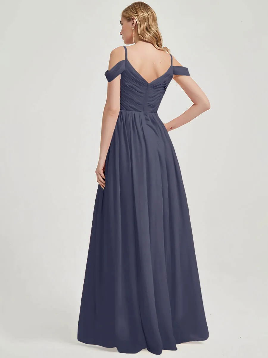Stormy Spaghetti Straps Pleated Chiffon Maxi Bridesmaid Dress