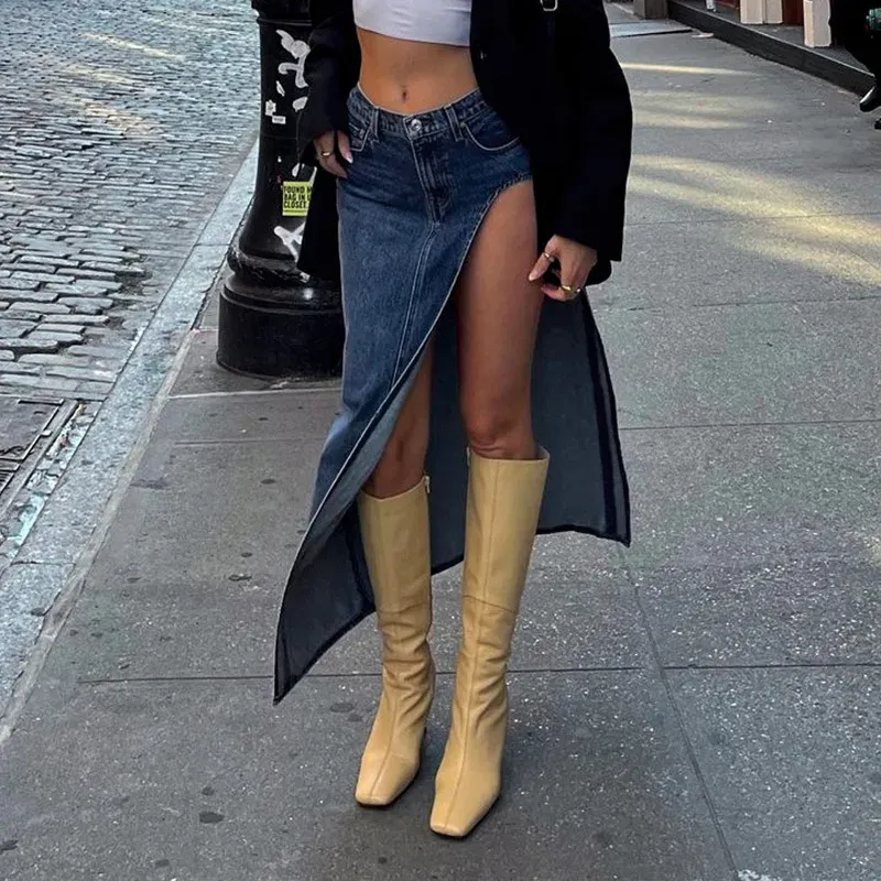 Street Chic High Slit Denim Skirt