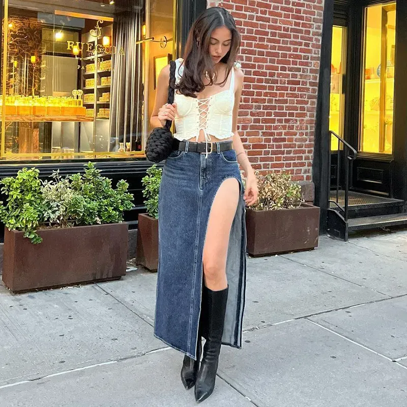 Street Chic High Slit Denim Skirt