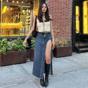 Street Chic High Slit Denim Skirt