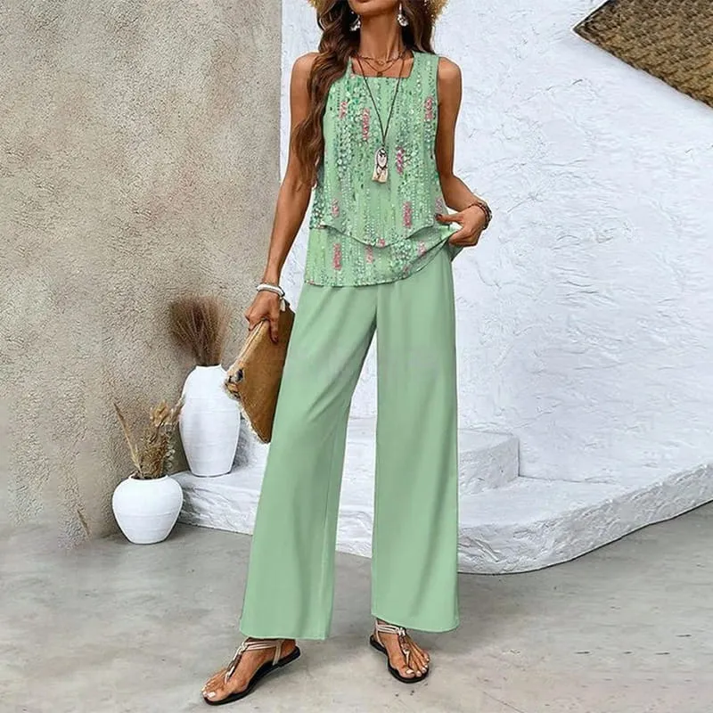 Stylish Two-Piece Women's Outfits with Printed Sleeveless Top & Trousers