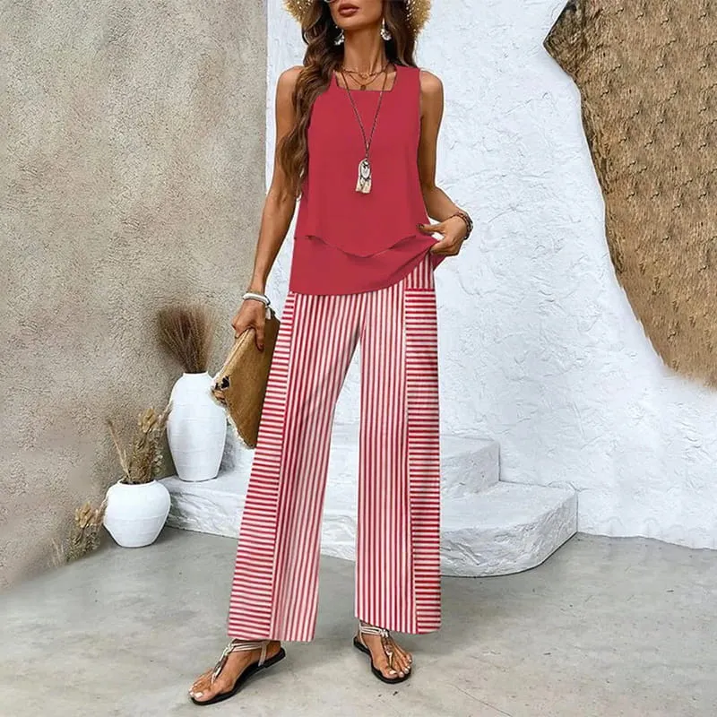 Stylish Two-Piece Women's Outfits with Printed Sleeveless Top & Trousers