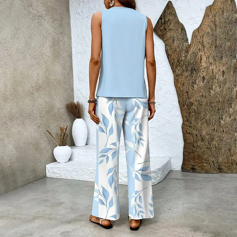 Stylish Two-Piece Women's Outfits with Printed Sleeveless Top & Trousers