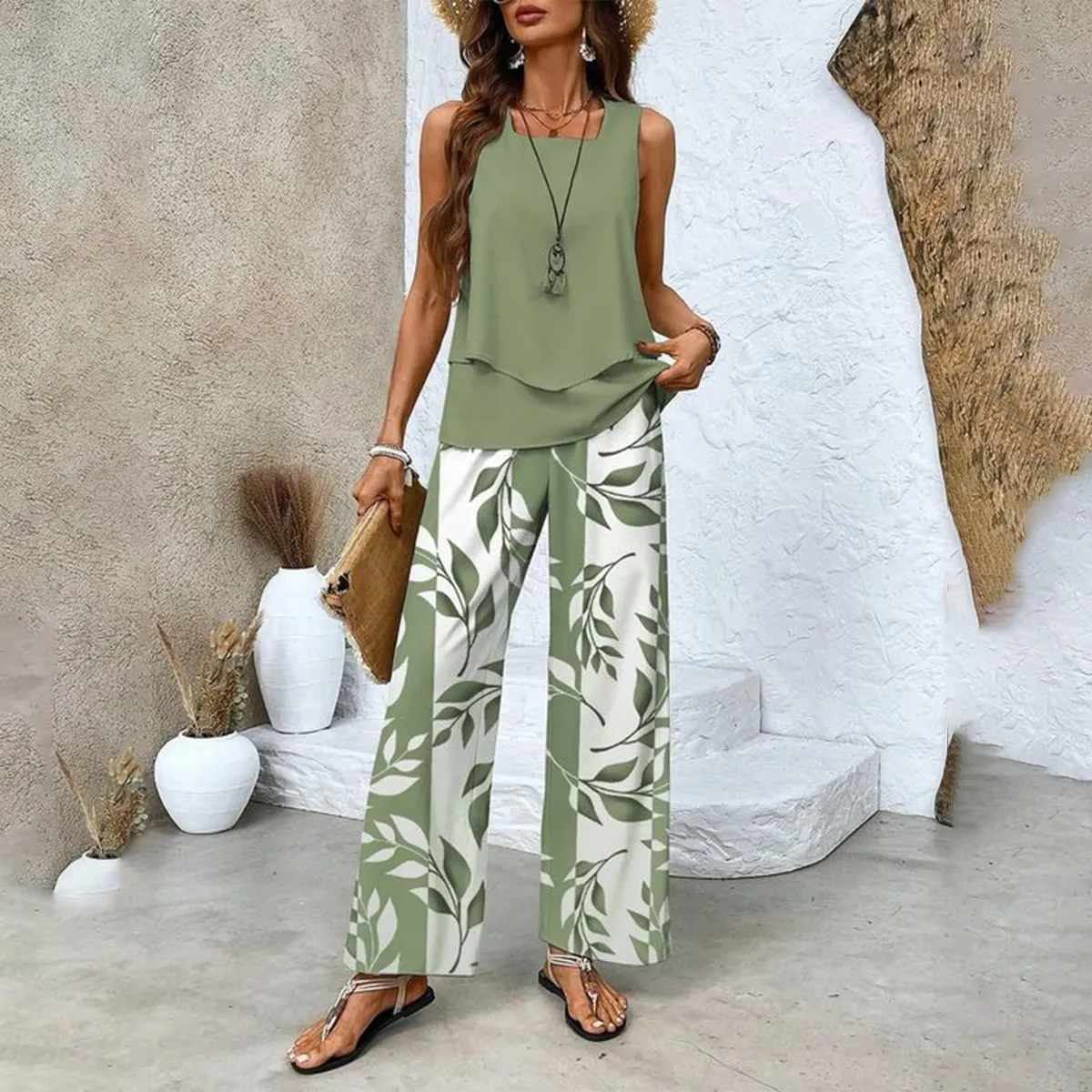 Stylish Two-Piece Women's Outfits with Printed Sleeveless Top & Trousers