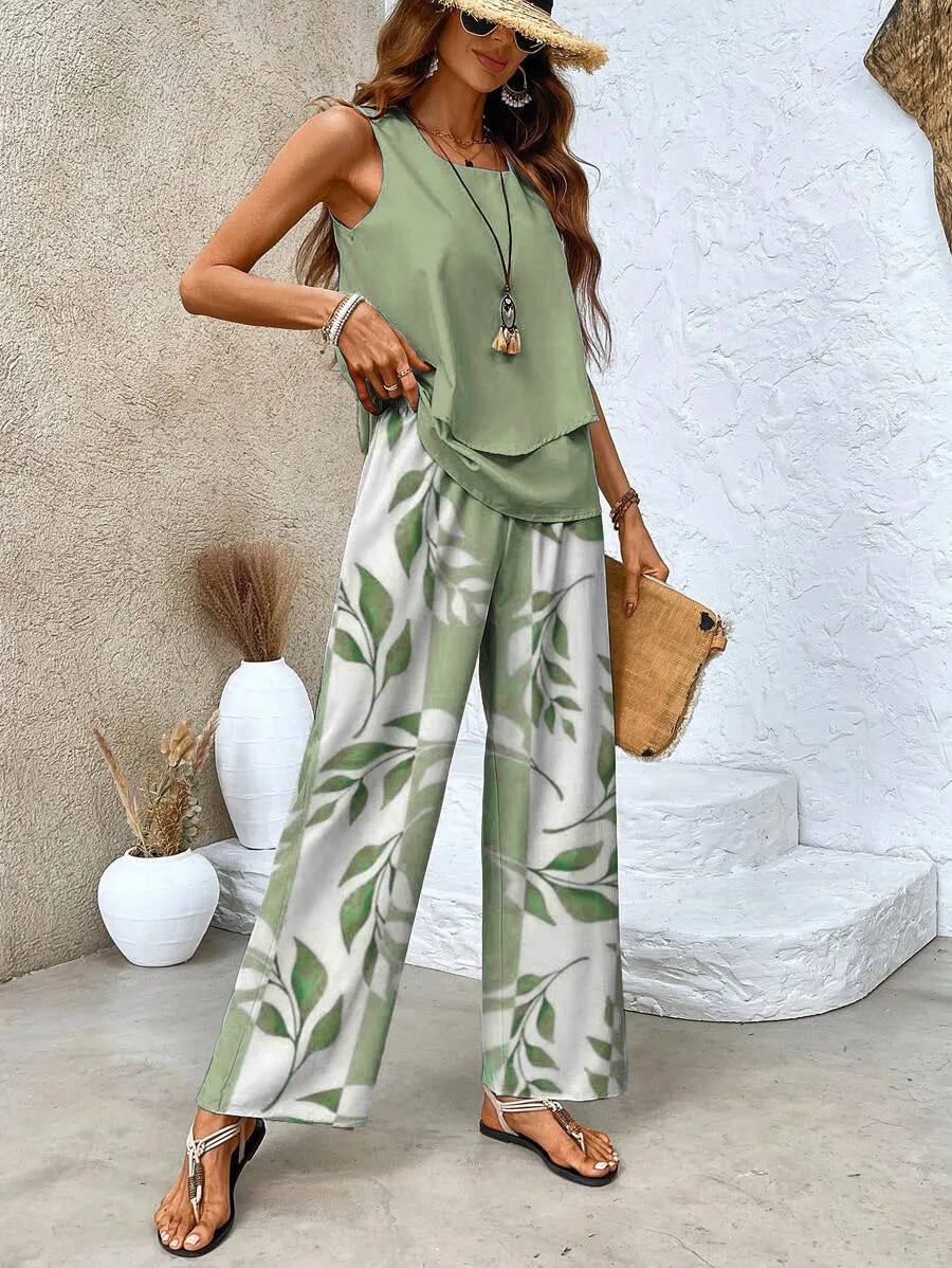 Stylish Two-Piece Women's Outfits with Printed Sleeveless Top & Trousers