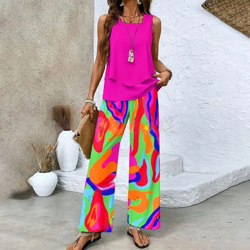 Stylish Two-Piece Women's Outfits with Printed Sleeveless Top & Trousers