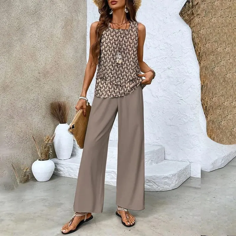 Stylish Two-Piece Women's Outfits with Printed Sleeveless Top & Trousers