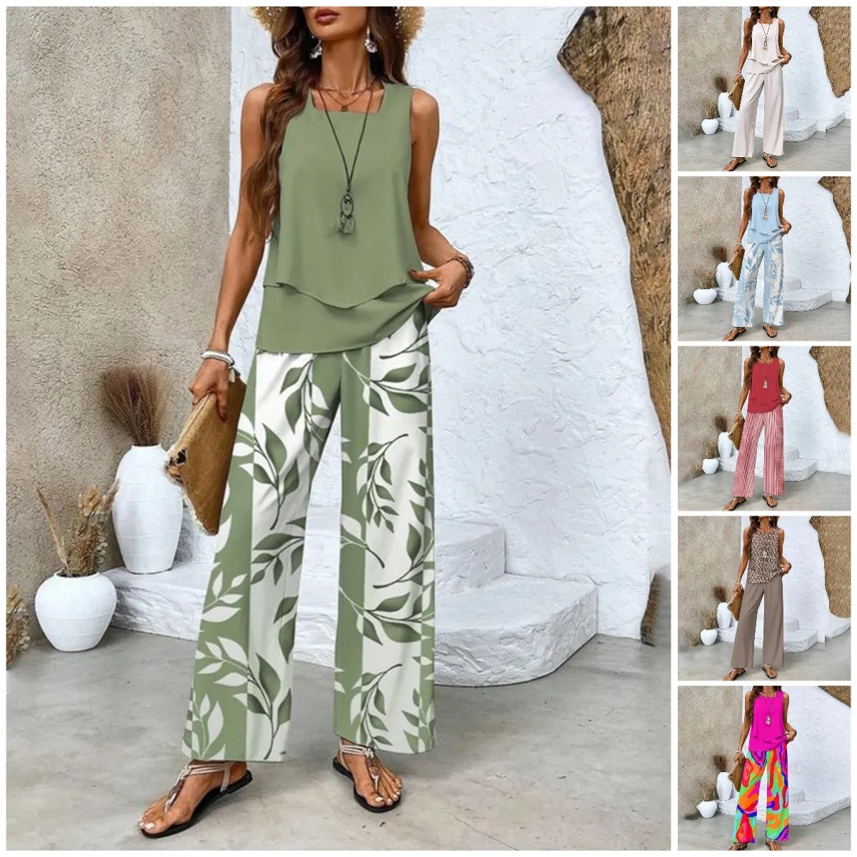 Stylish Two-Piece Women's Outfits with Printed Sleeveless Top & Trousers