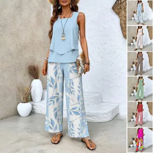Stylish Two-Piece Women's Outfits with Printed Sleeveless Top & Trousers