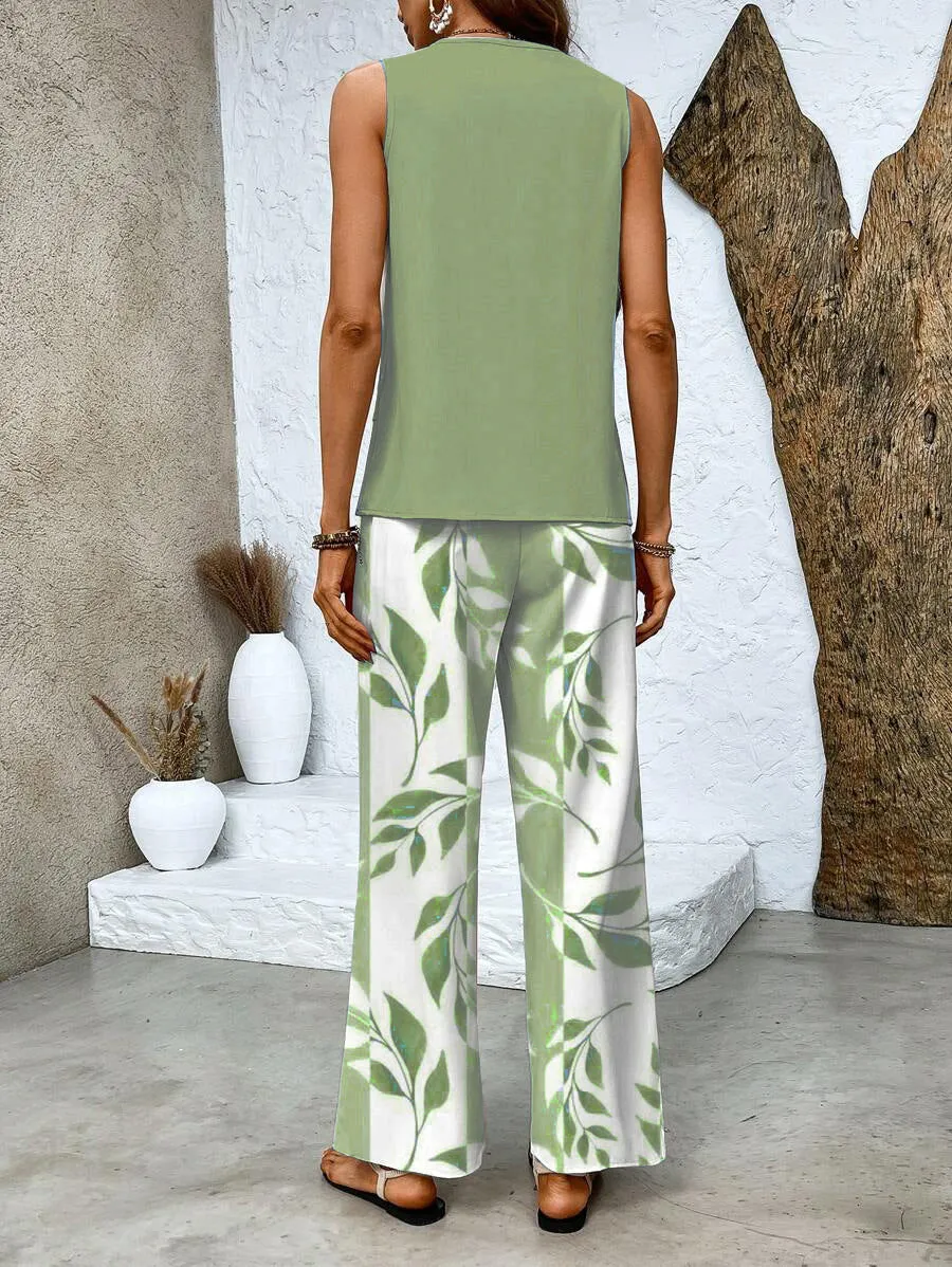 Stylish Two-Piece Women's Outfits with Printed Sleeveless Top & Trousers