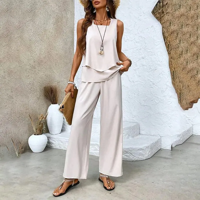 Stylish Two-Piece Women's Outfits with Printed Sleeveless Top & Trousers