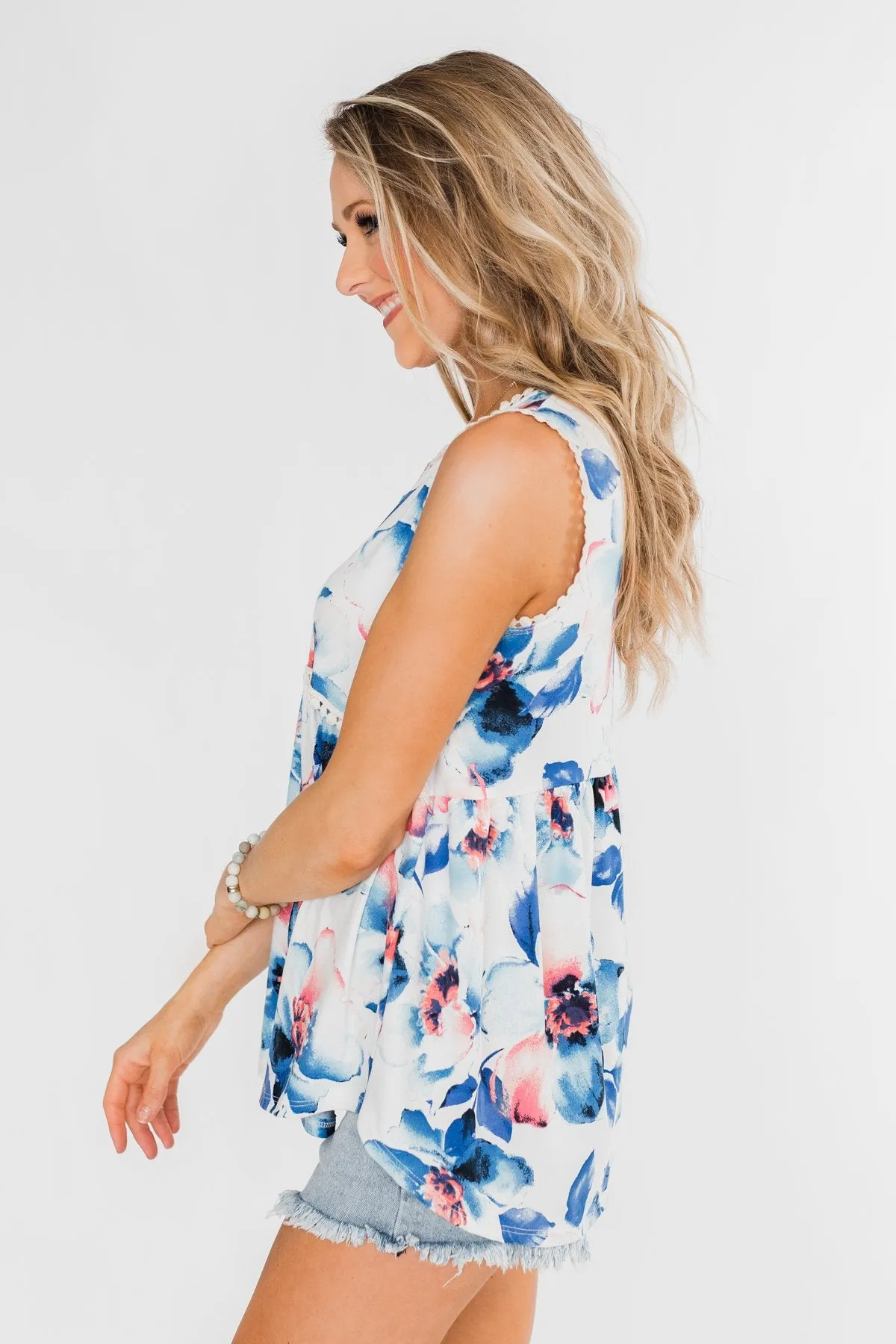 Summer Vacation Floral Babydoll Tank- Ivory & Blue