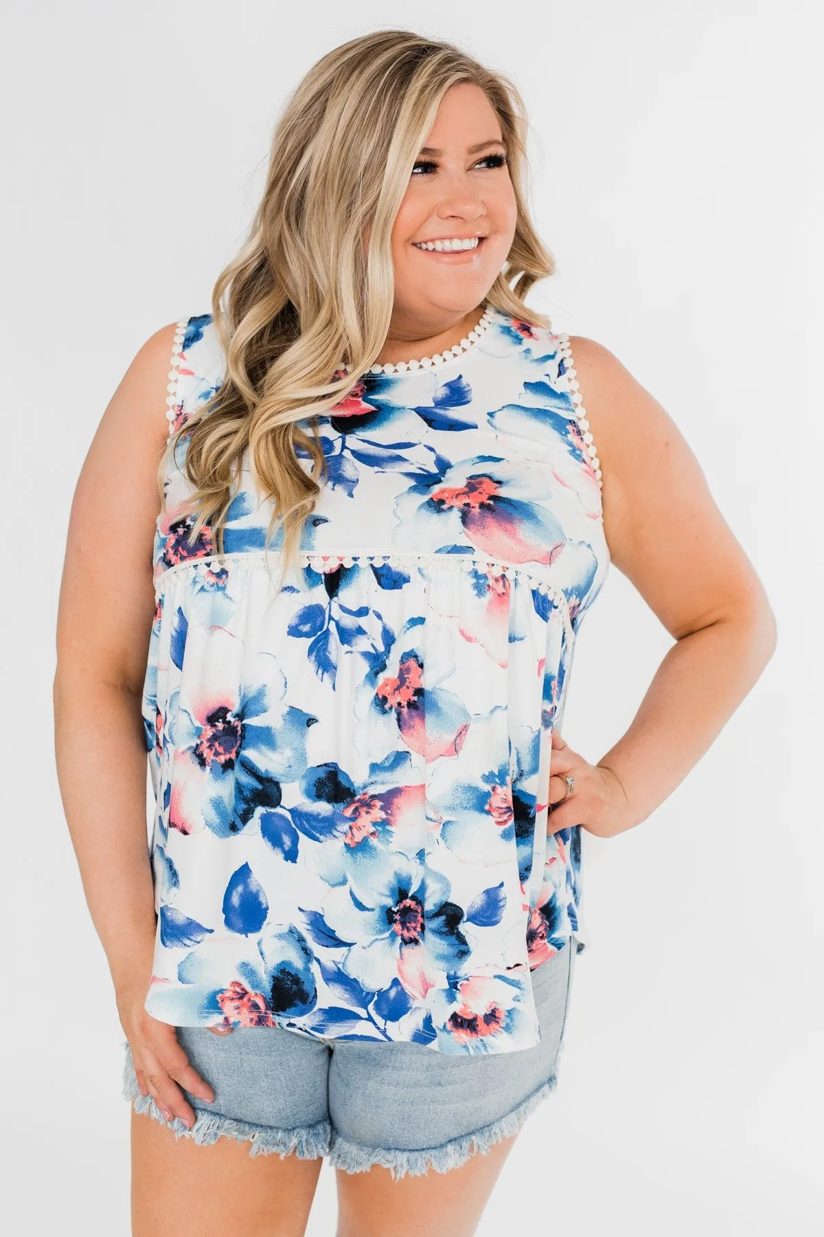 Summer Vacation Floral Babydoll Tank- Ivory & Blue