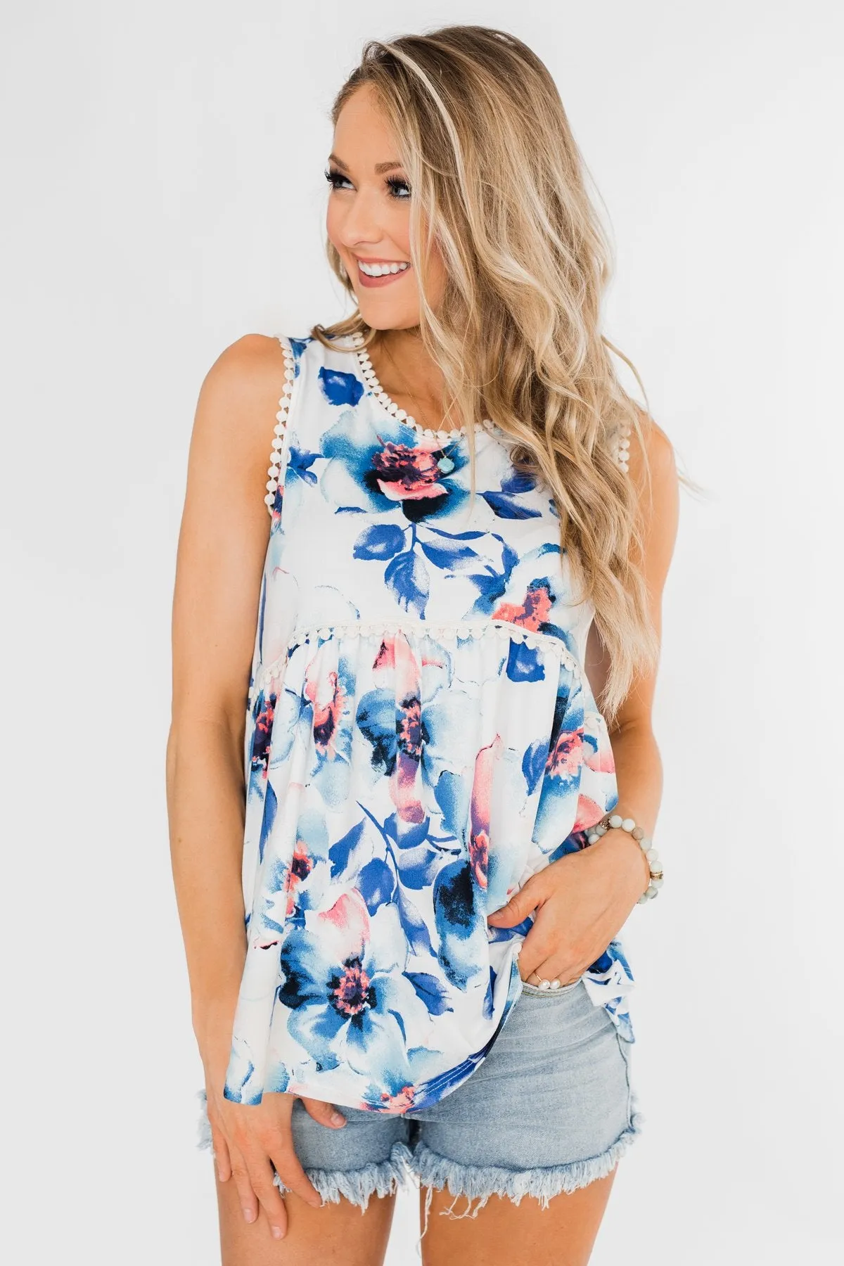 Summer Vacation Floral Babydoll Tank- Ivory & Blue