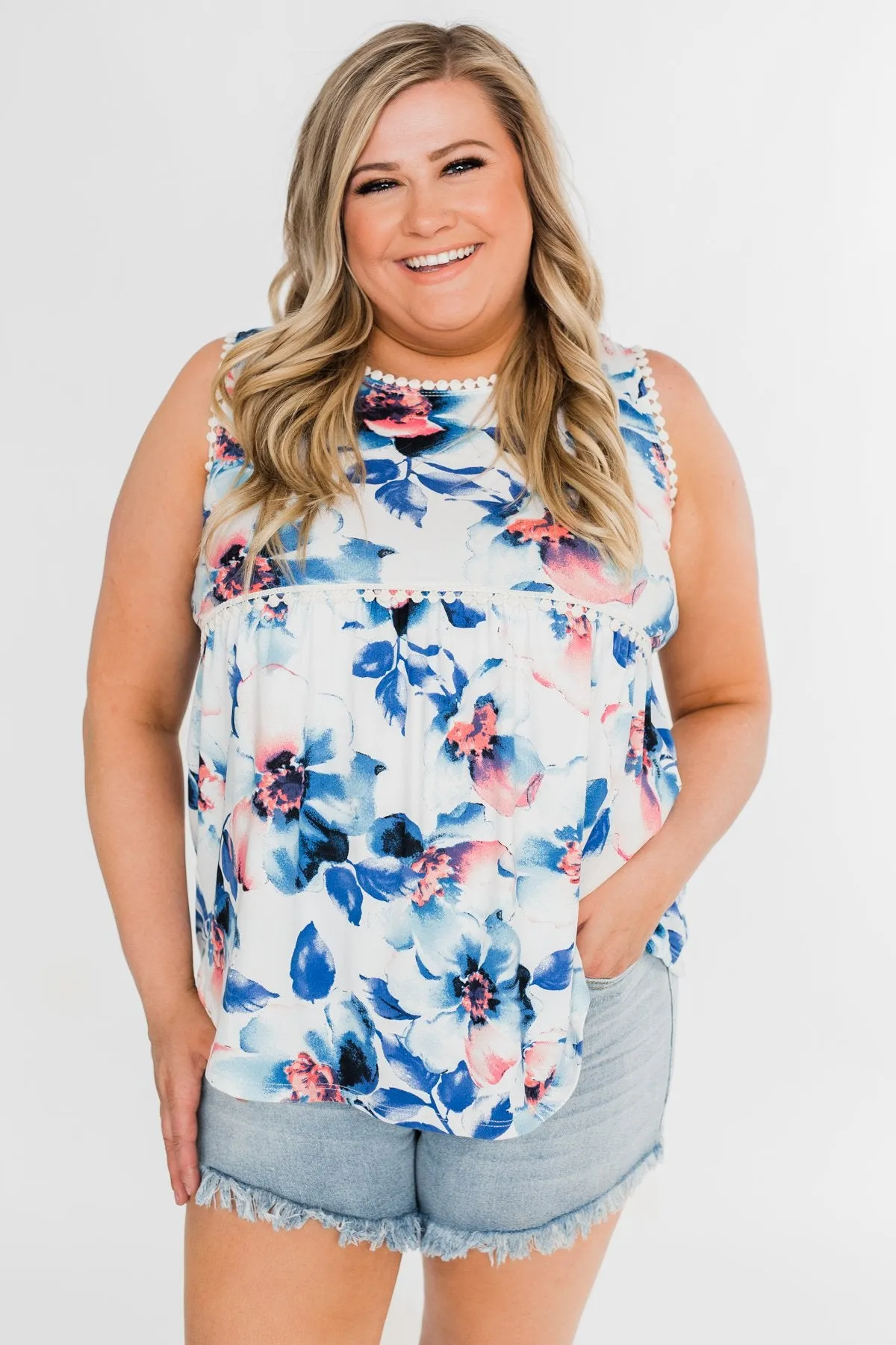 Summer Vacation Floral Babydoll Tank- Ivory & Blue