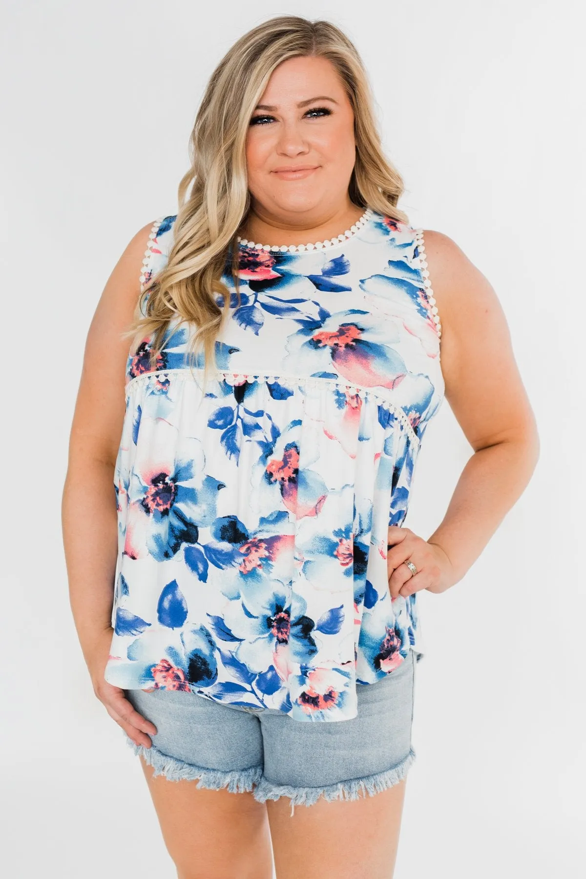 Summer Vacation Floral Babydoll Tank- Ivory & Blue