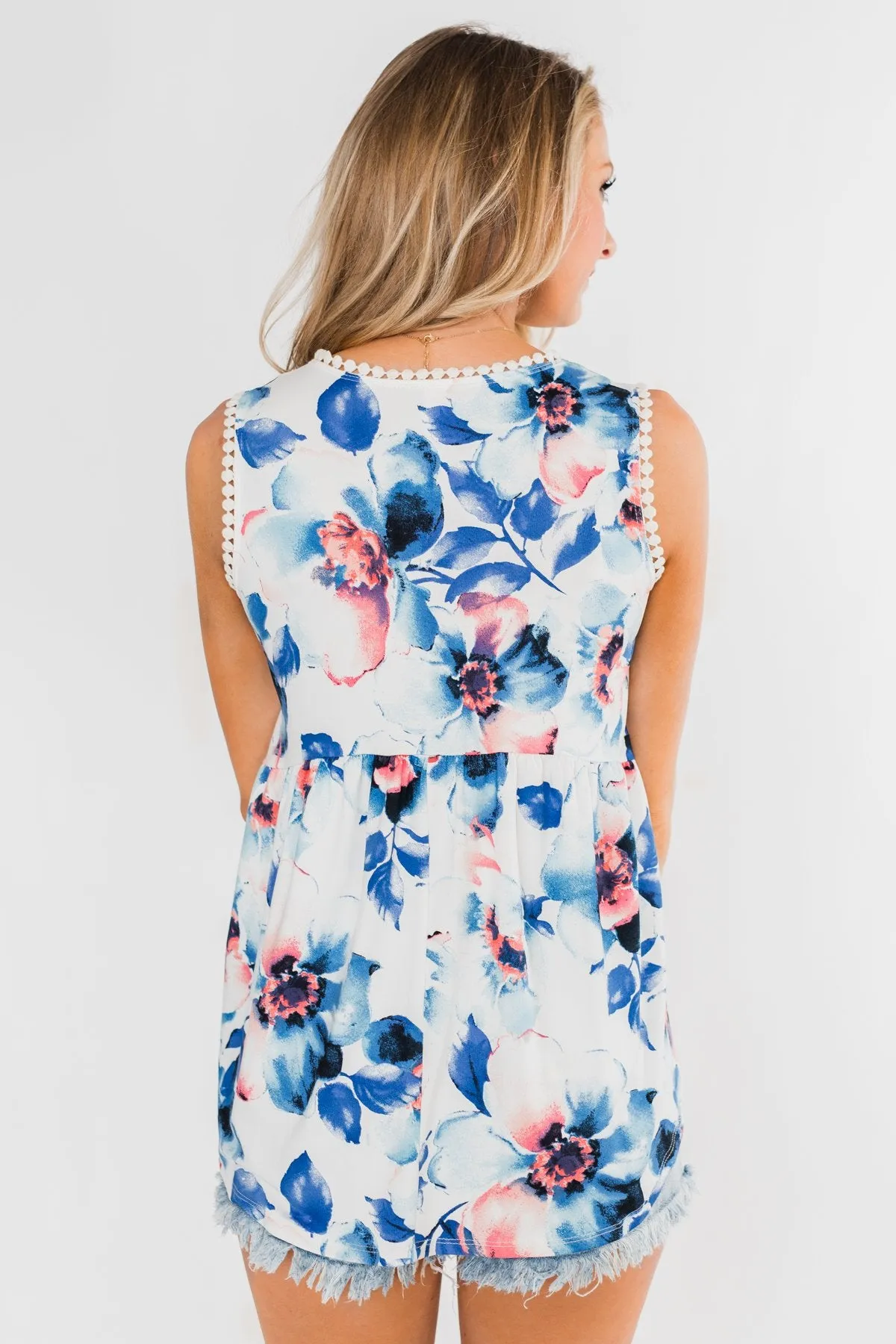 Summer Vacation Floral Babydoll Tank- Ivory & Blue
