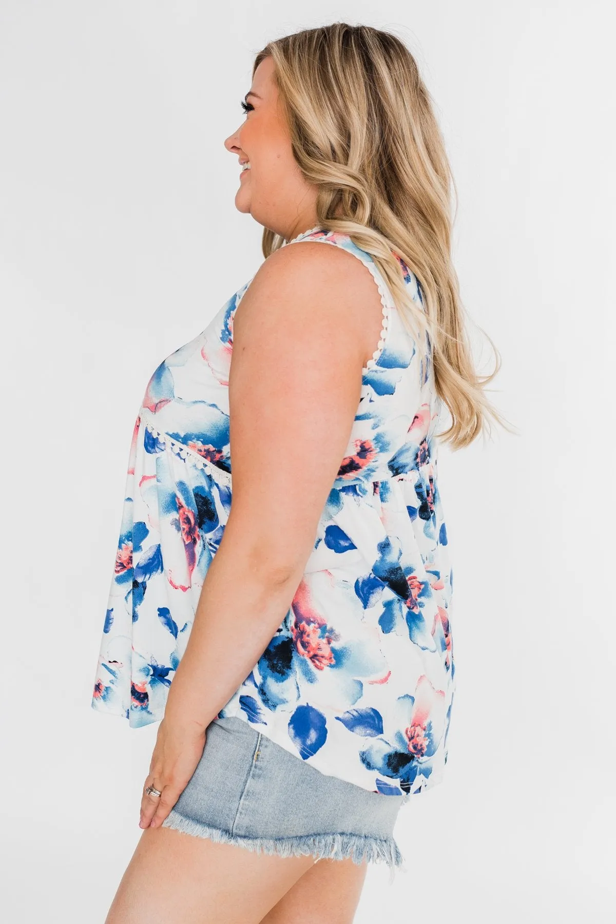 Summer Vacation Floral Babydoll Tank- Ivory & Blue