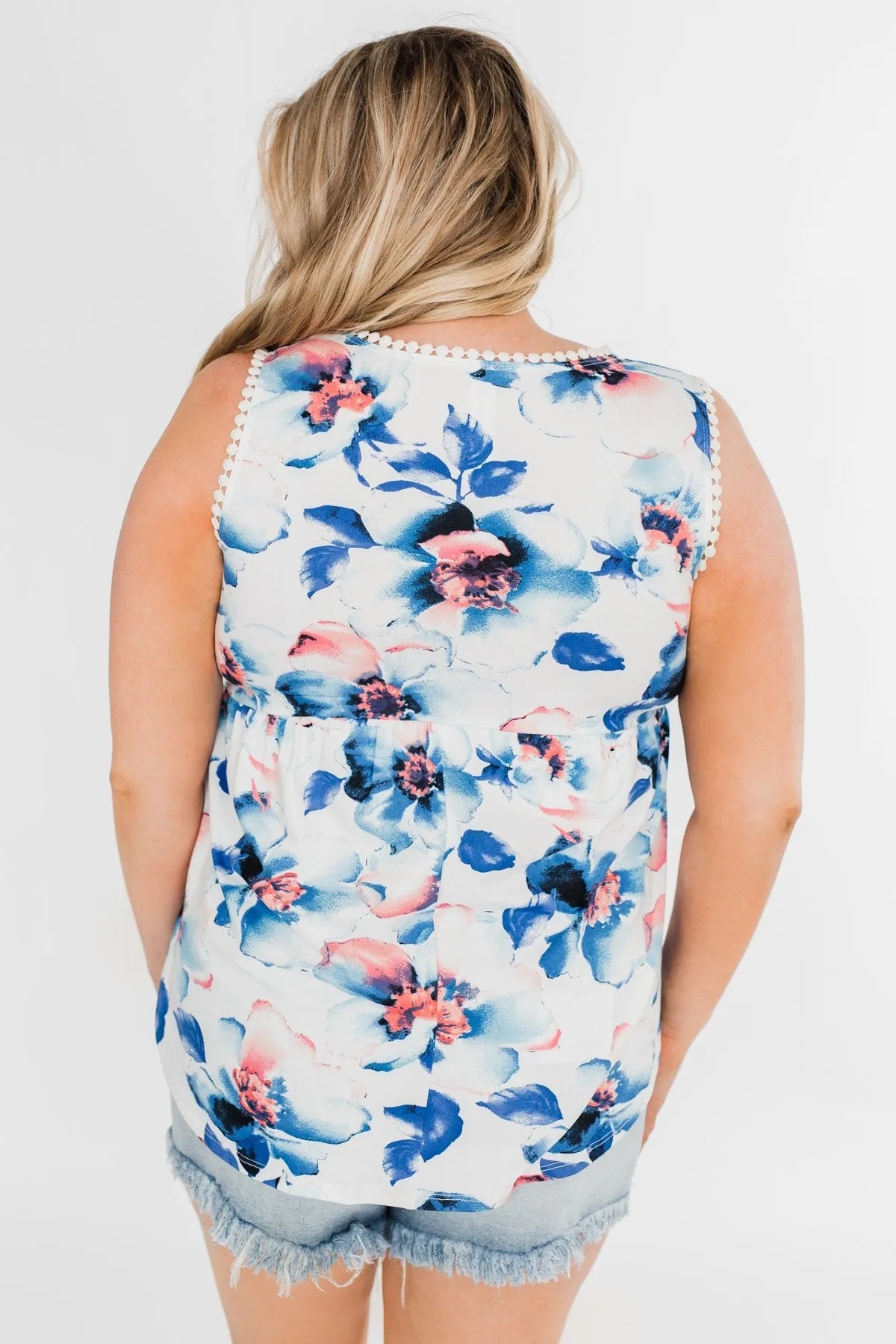 Summer Vacation Floral Babydoll Tank- Ivory & Blue