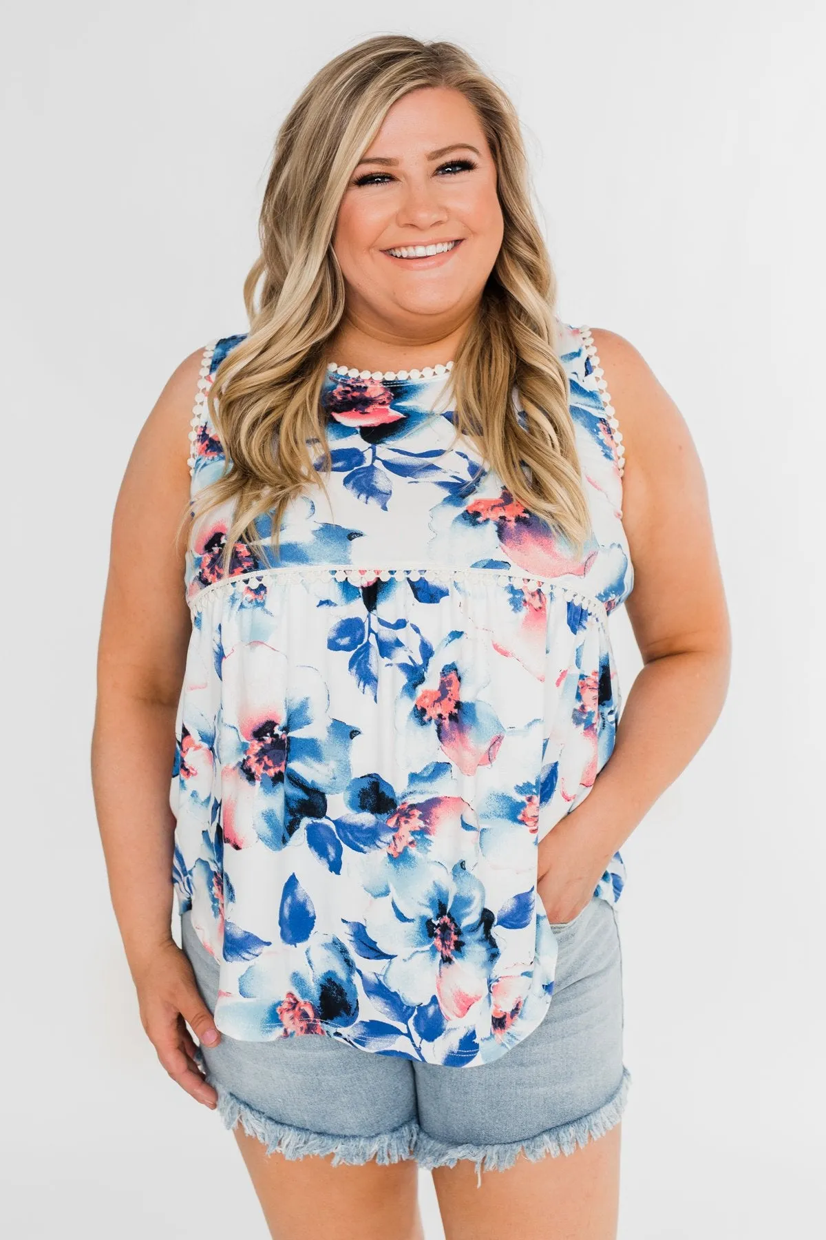 Summer Vacation Floral Babydoll Tank- Ivory & Blue