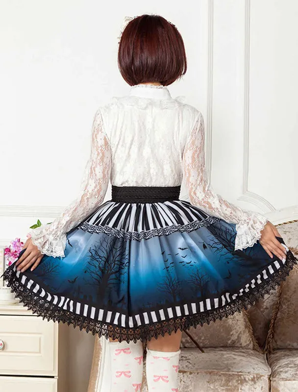 Sweet Lolita Skirt The Bat Under The Blue And White Moon Night SK Lolita Skirt
