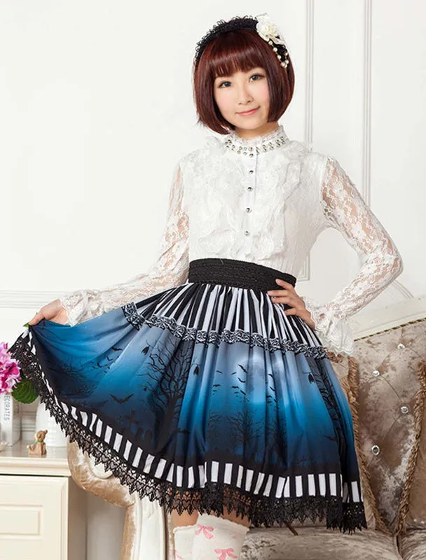 Sweet Lolita Skirt The Bat Under The Blue And White Moon Night SK Lolita Skirt