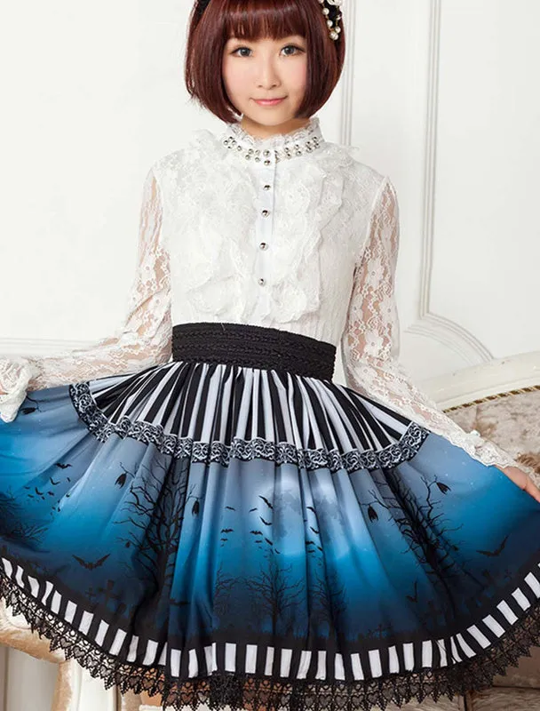Sweet Lolita Skirt The Bat Under The Blue And White Moon Night SK Lolita Skirt
