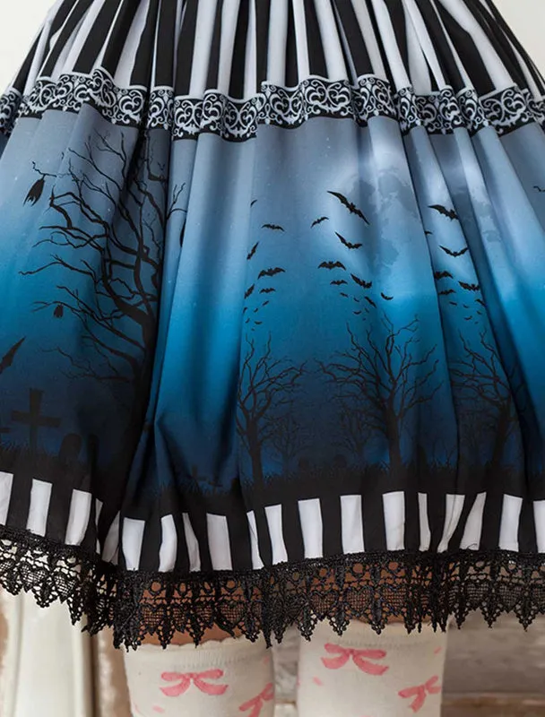 Sweet Lolita Skirt The Bat Under The Blue And White Moon Night SK Lolita Skirt