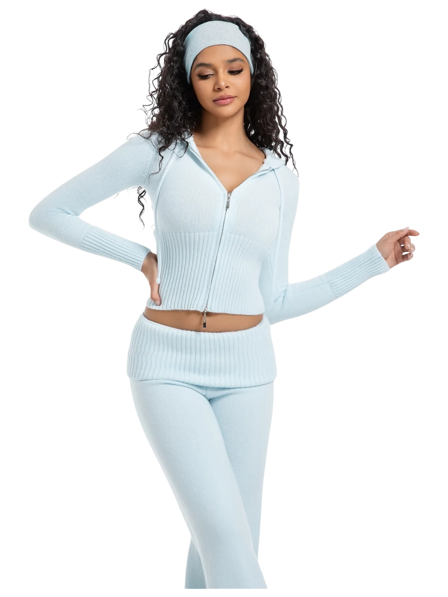 That Girl Rib Knit Slim Fit Zip Up Cardigan (Baby Blue)