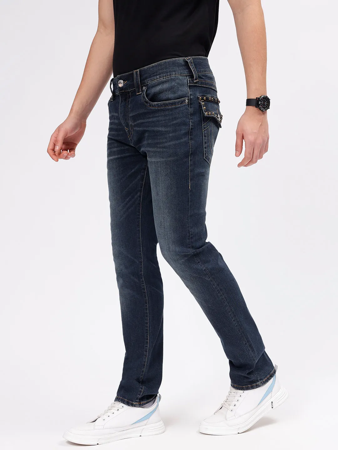 True Religion Mens SN Rocco Slim Fit Blue Mid Rise Jeans