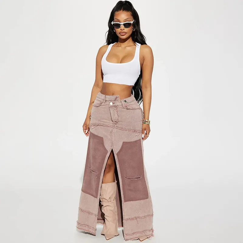 Utility Queen Slit Pocket Denim Maxi Skirt