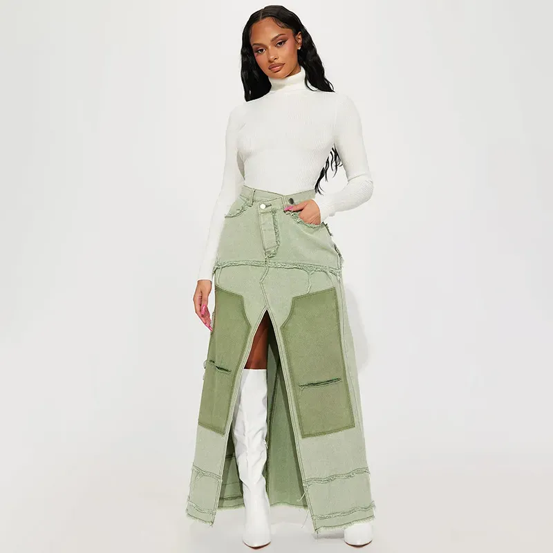 Utility Queen Slit Pocket Denim Maxi Skirt