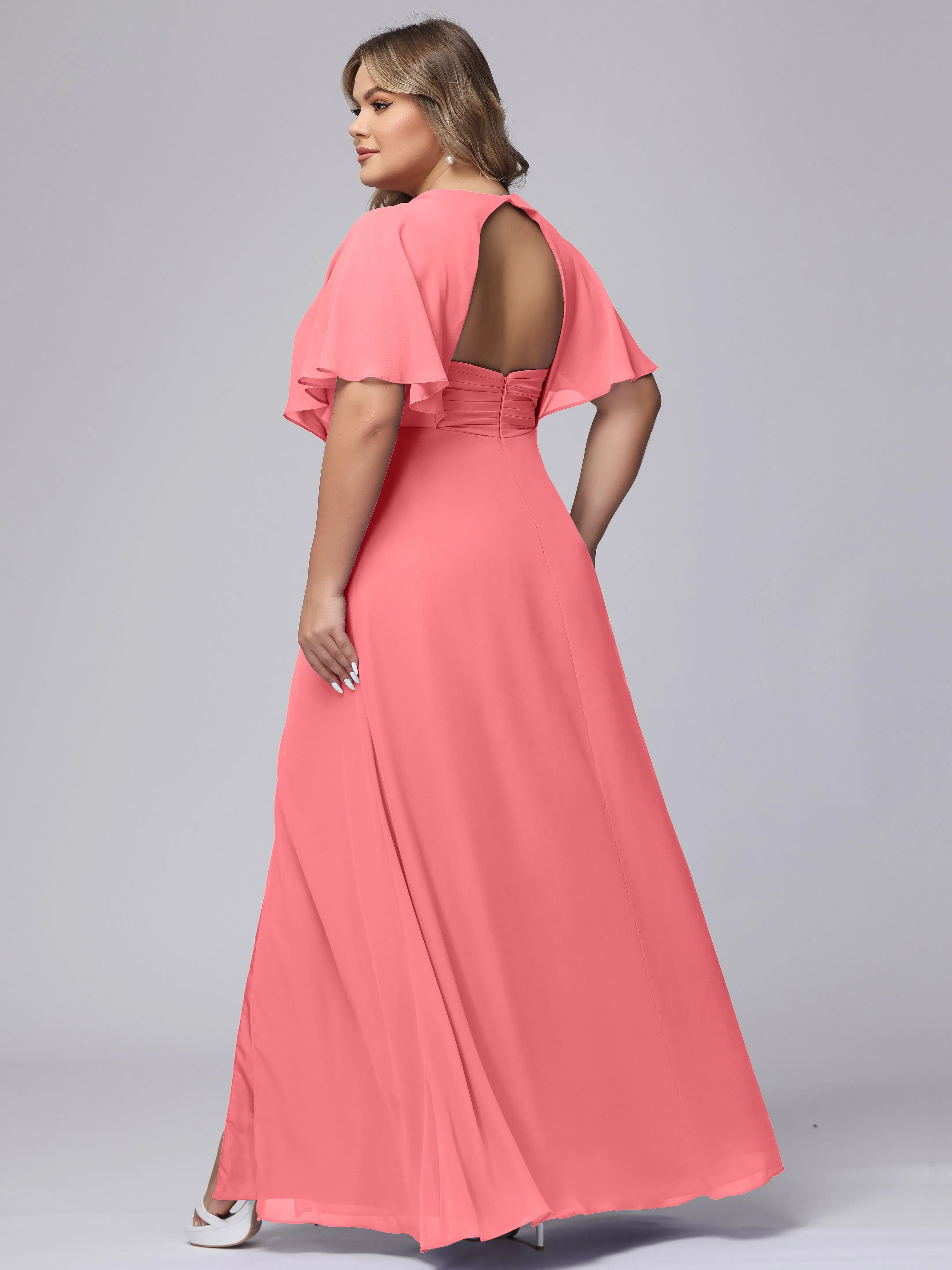 V-Neck Chiffon Short Sleeves Plus Size  Bridesmaid Dresses