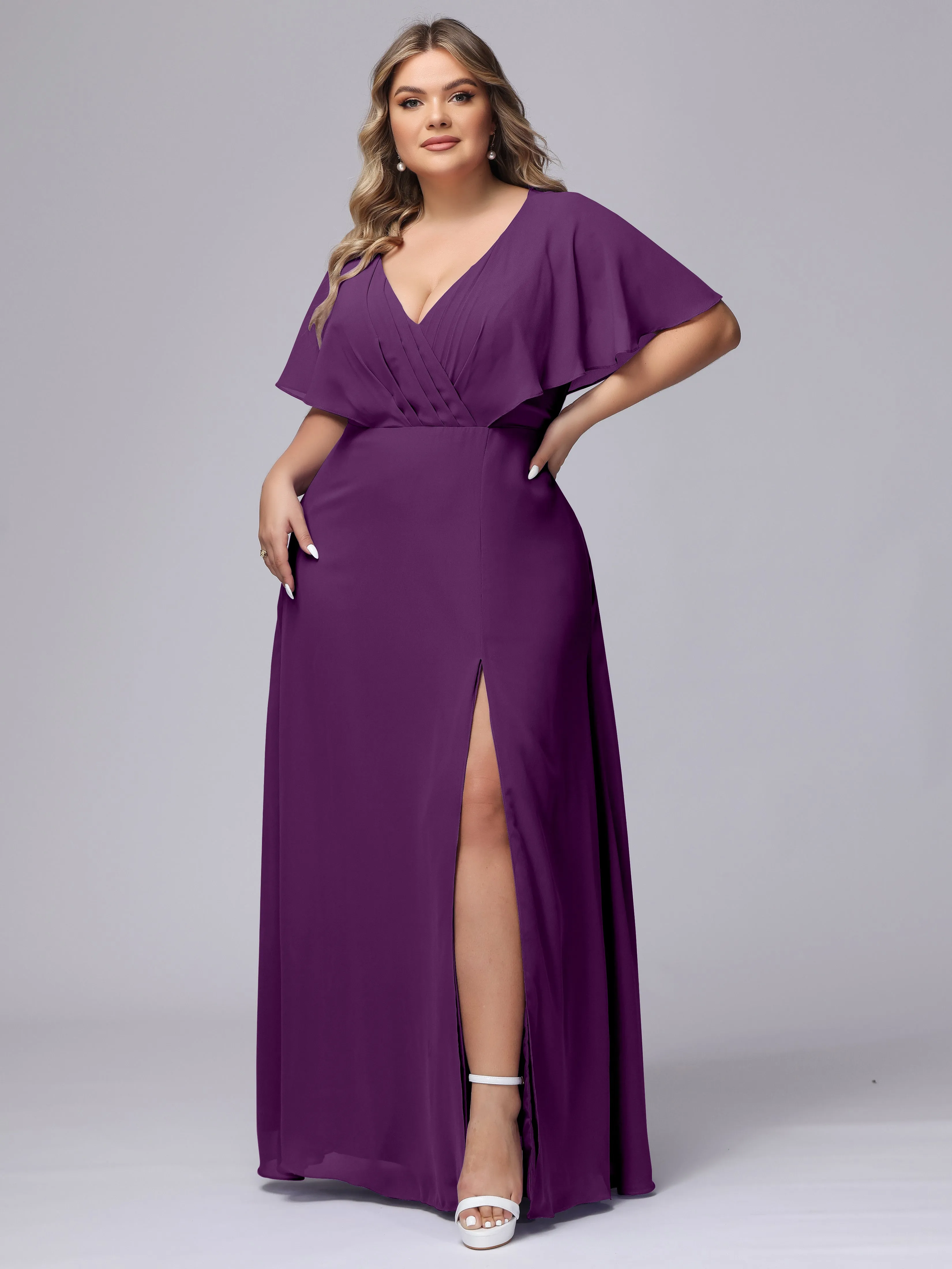 V-Neck Chiffon Short Sleeves Plus Size  Bridesmaid Dresses