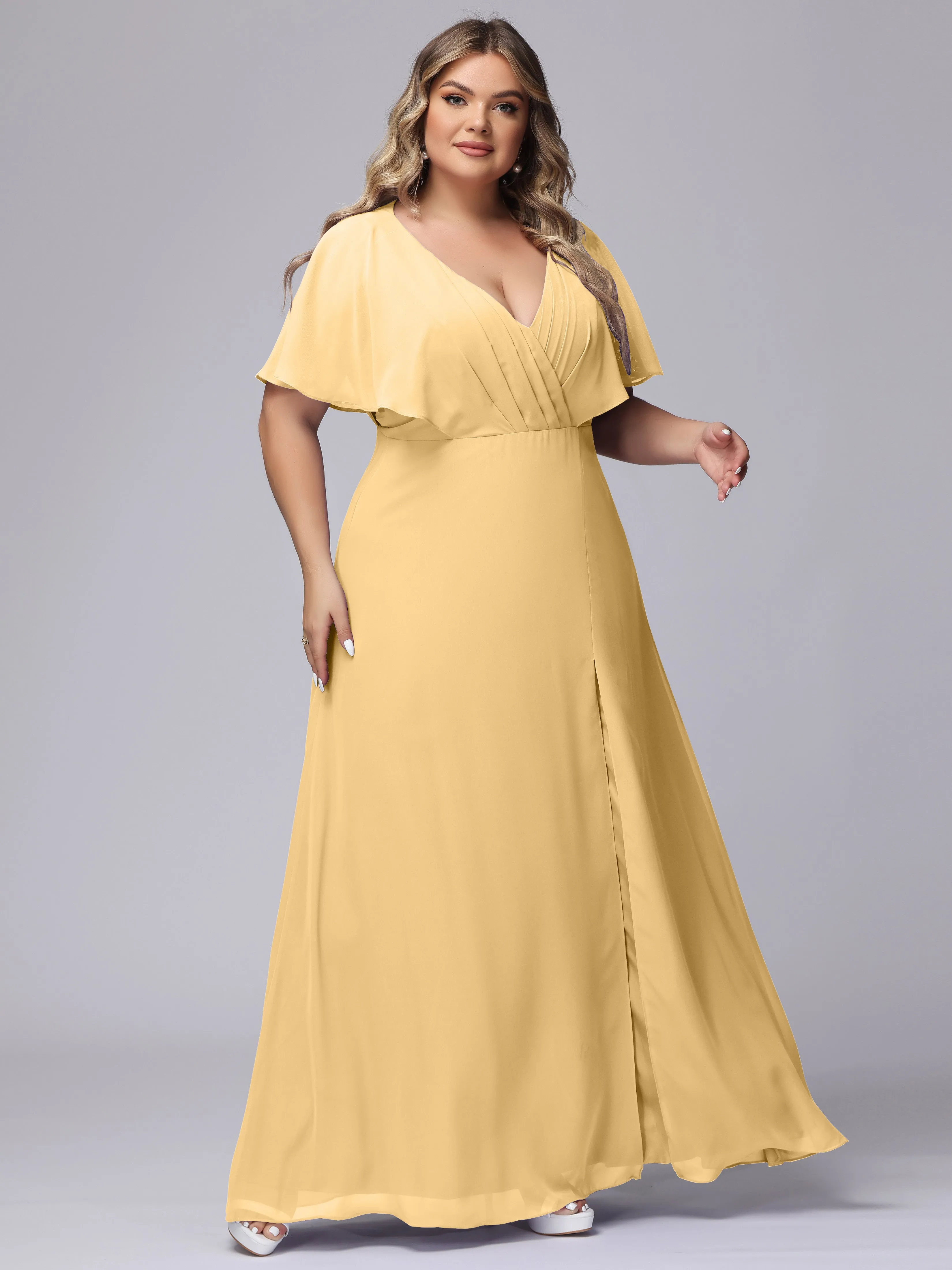 V-Neck Chiffon Short Sleeves Plus Size  Bridesmaid Dresses