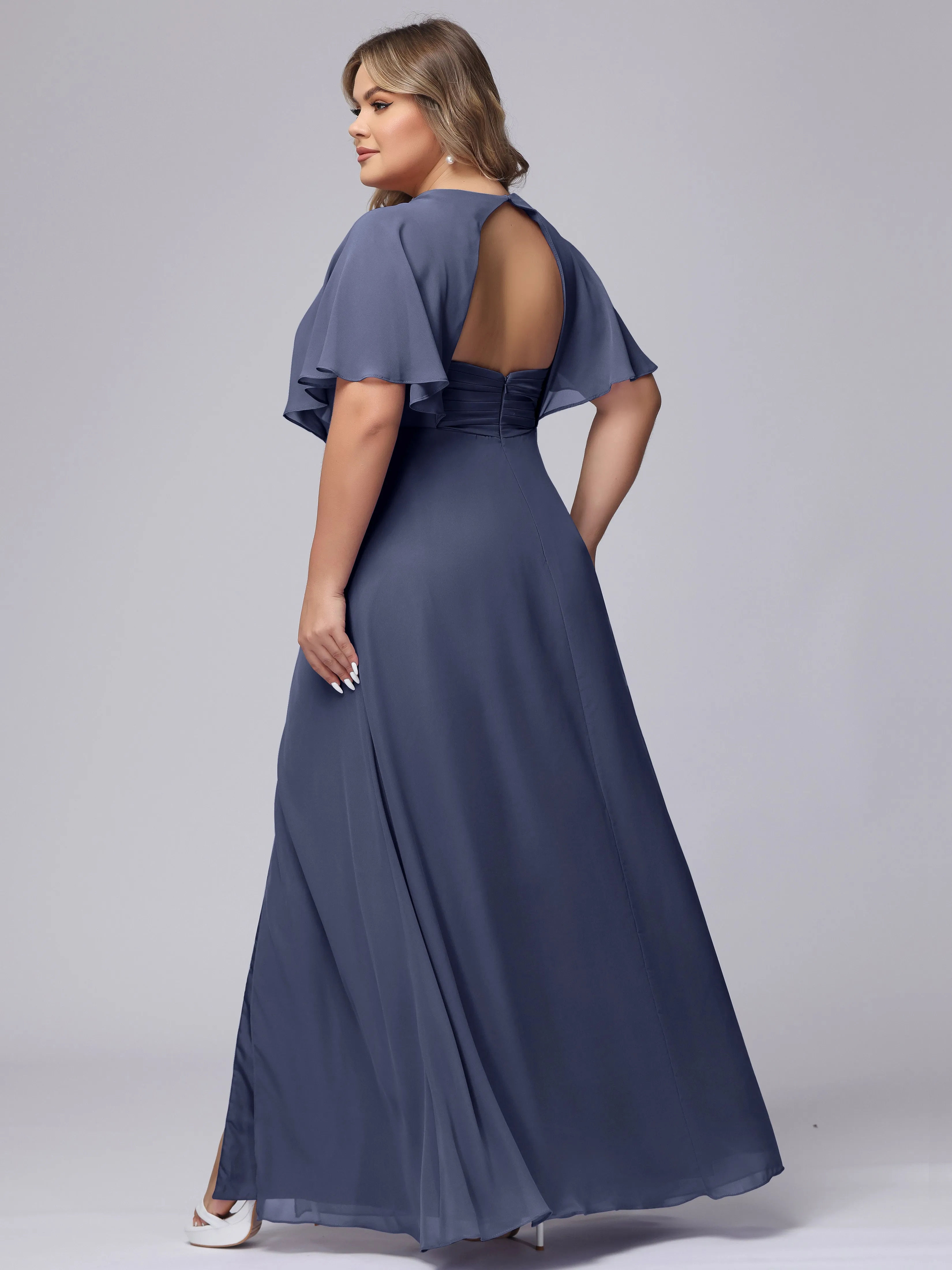 V-Neck Chiffon Short Sleeves Plus Size  Bridesmaid Dresses