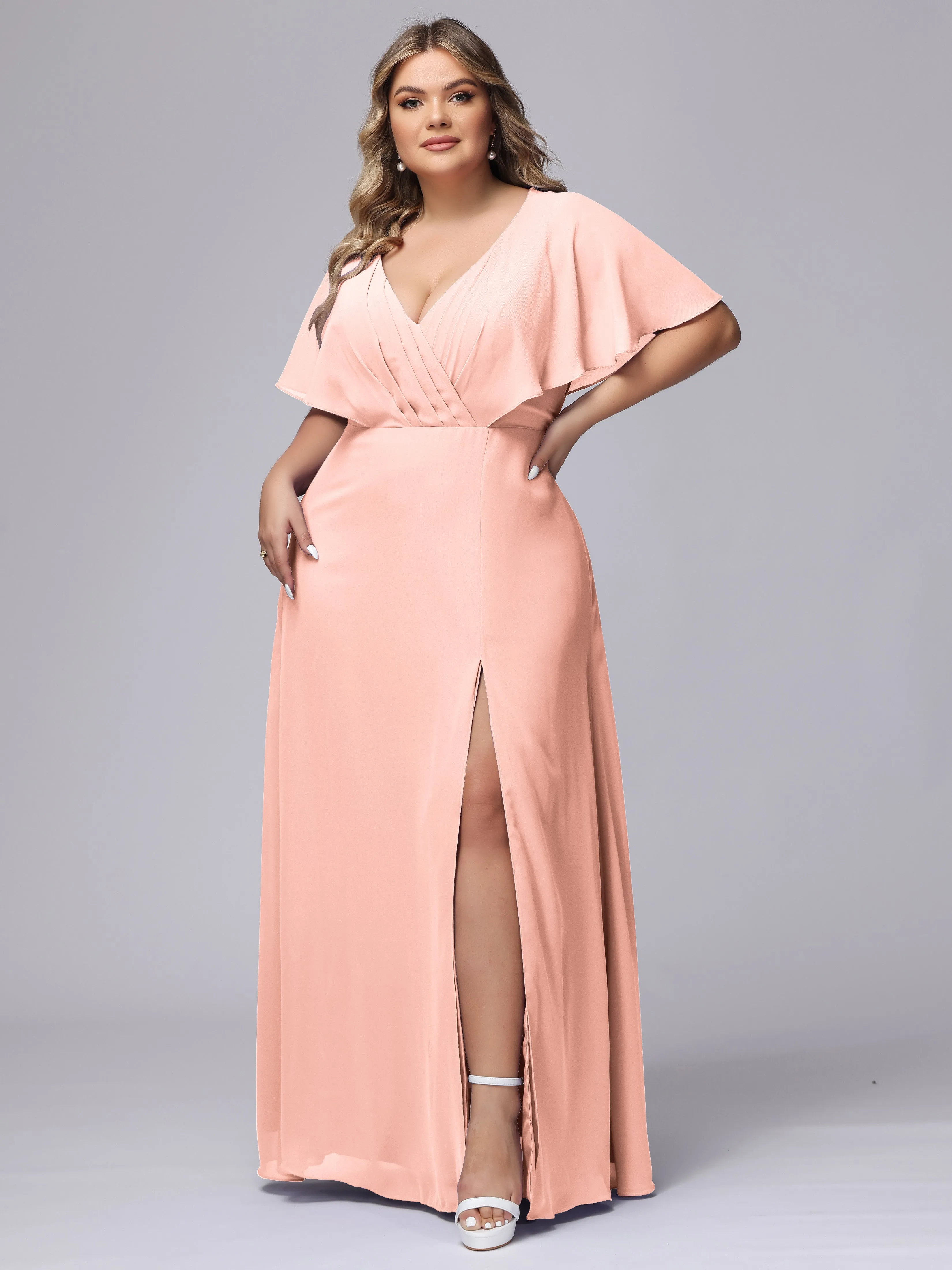 V-Neck Chiffon Short Sleeves Plus Size  Bridesmaid Dresses