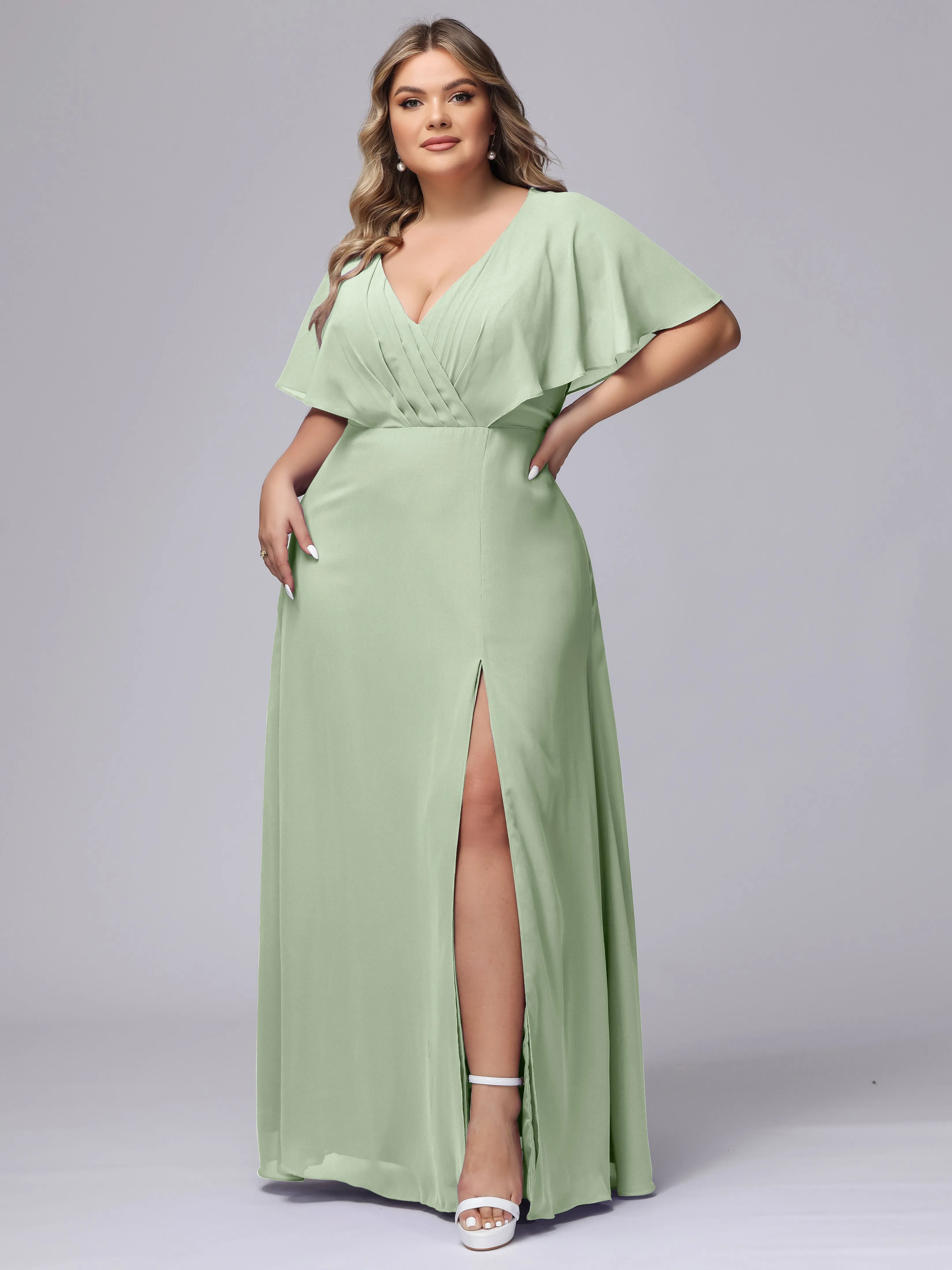V-Neck Chiffon Short Sleeves Plus Size  Bridesmaid Dresses