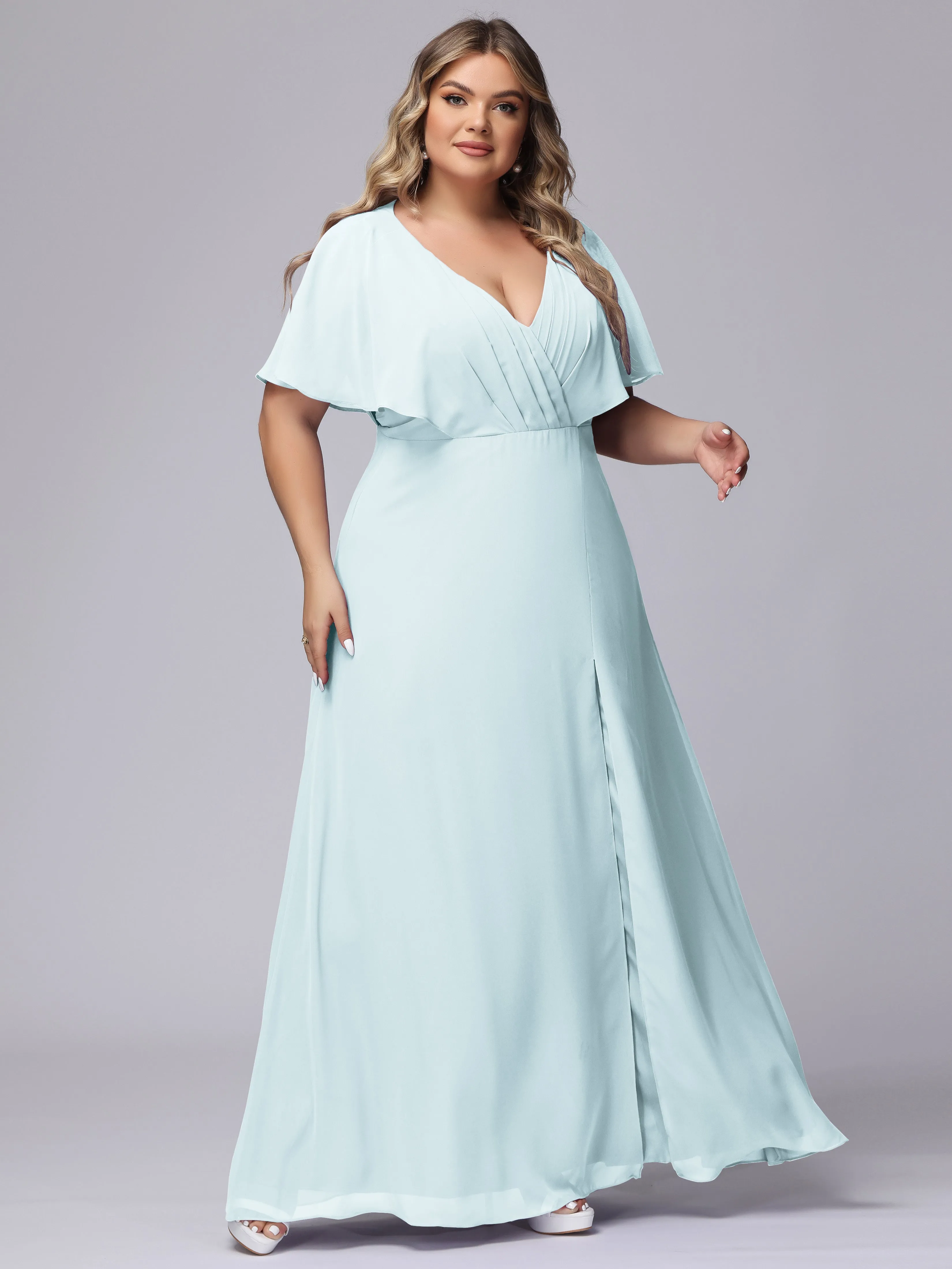 V-Neck Chiffon Short Sleeves Plus Size  Bridesmaid Dresses
