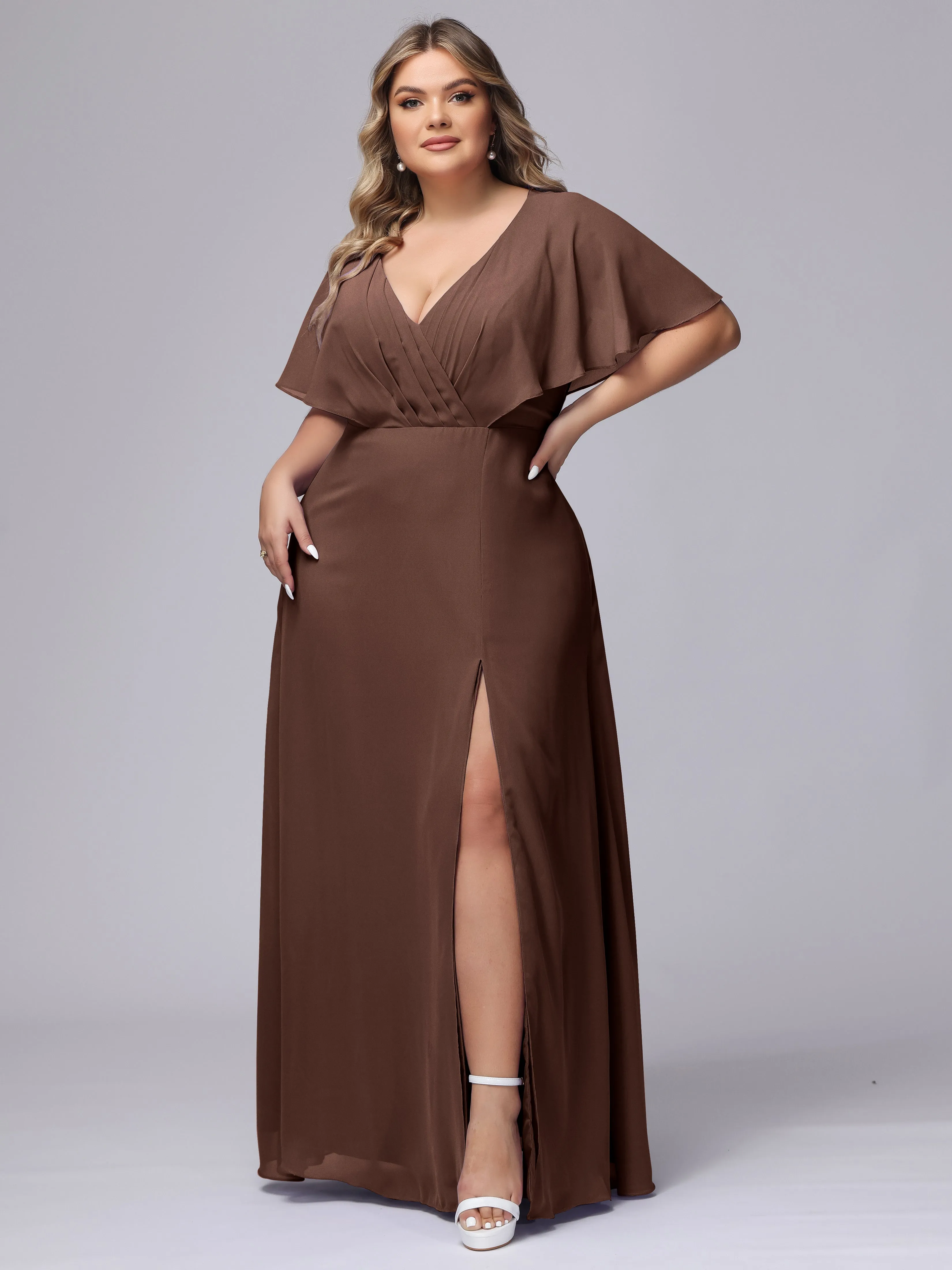 V-Neck Chiffon Short Sleeves Plus Size  Bridesmaid Dresses
