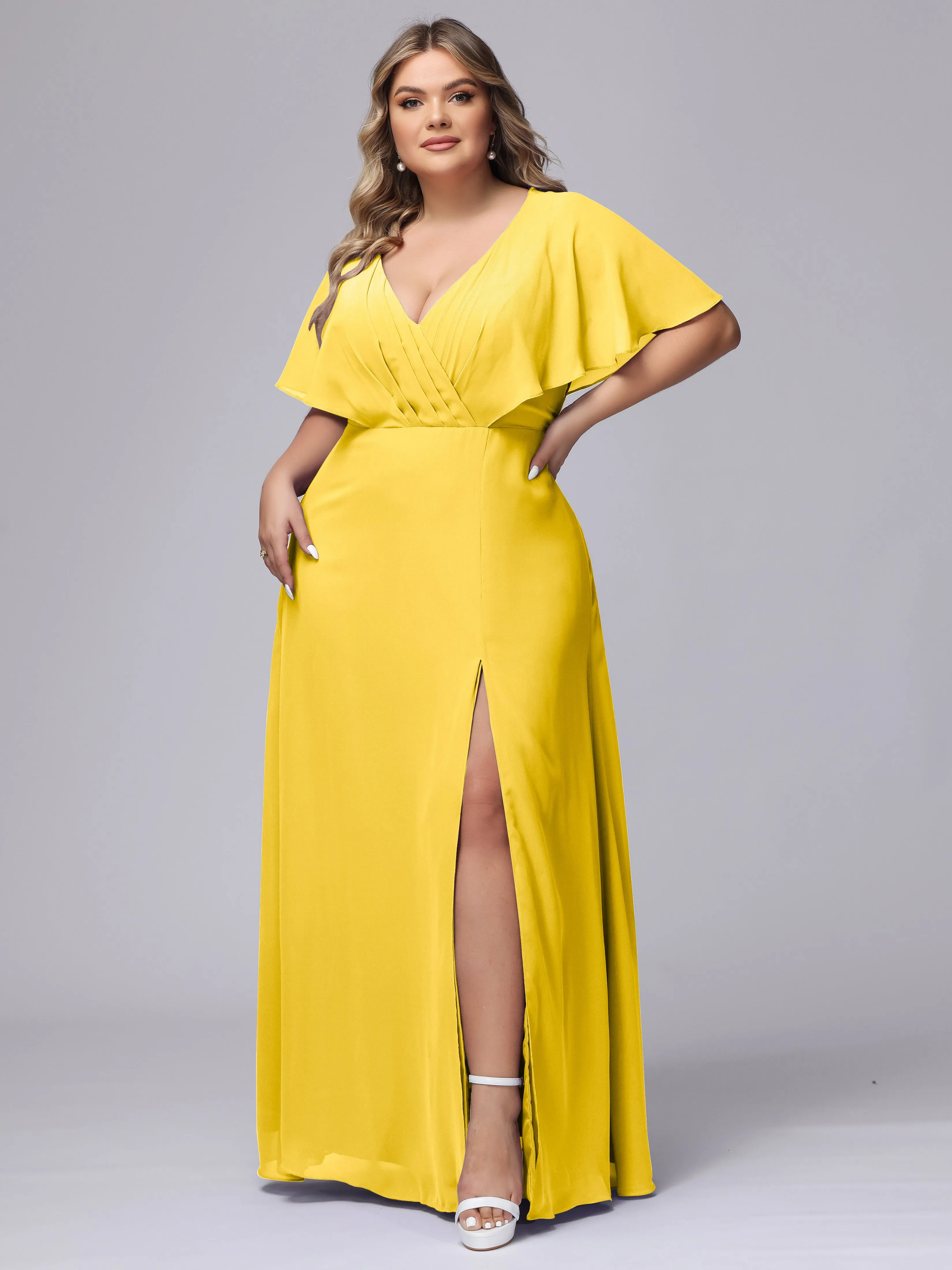V-Neck Chiffon Short Sleeves Plus Size  Bridesmaid Dresses
