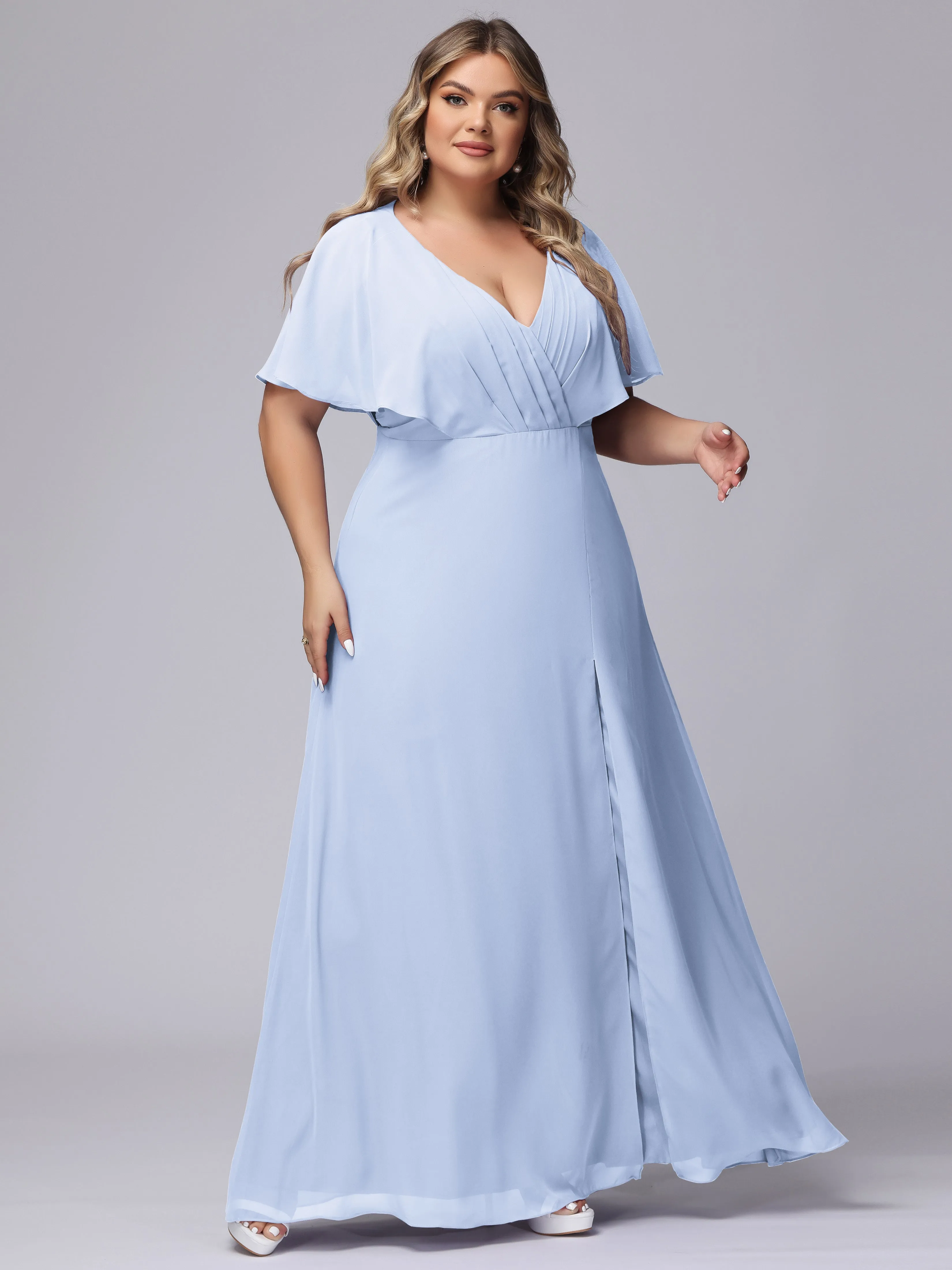 V-Neck Chiffon Short Sleeves Plus Size  Bridesmaid Dresses