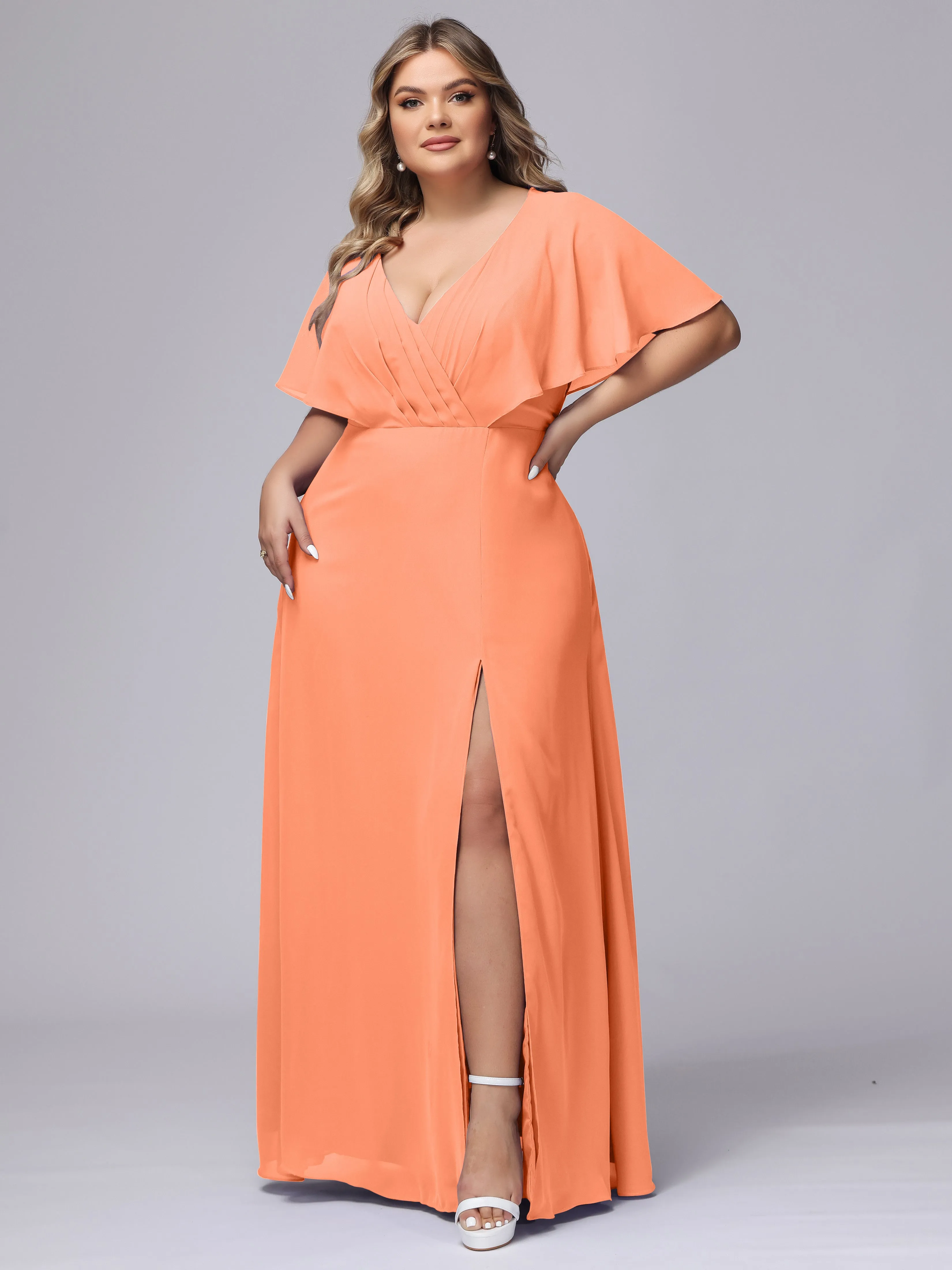 V-Neck Chiffon Short Sleeves Plus Size  Bridesmaid Dresses