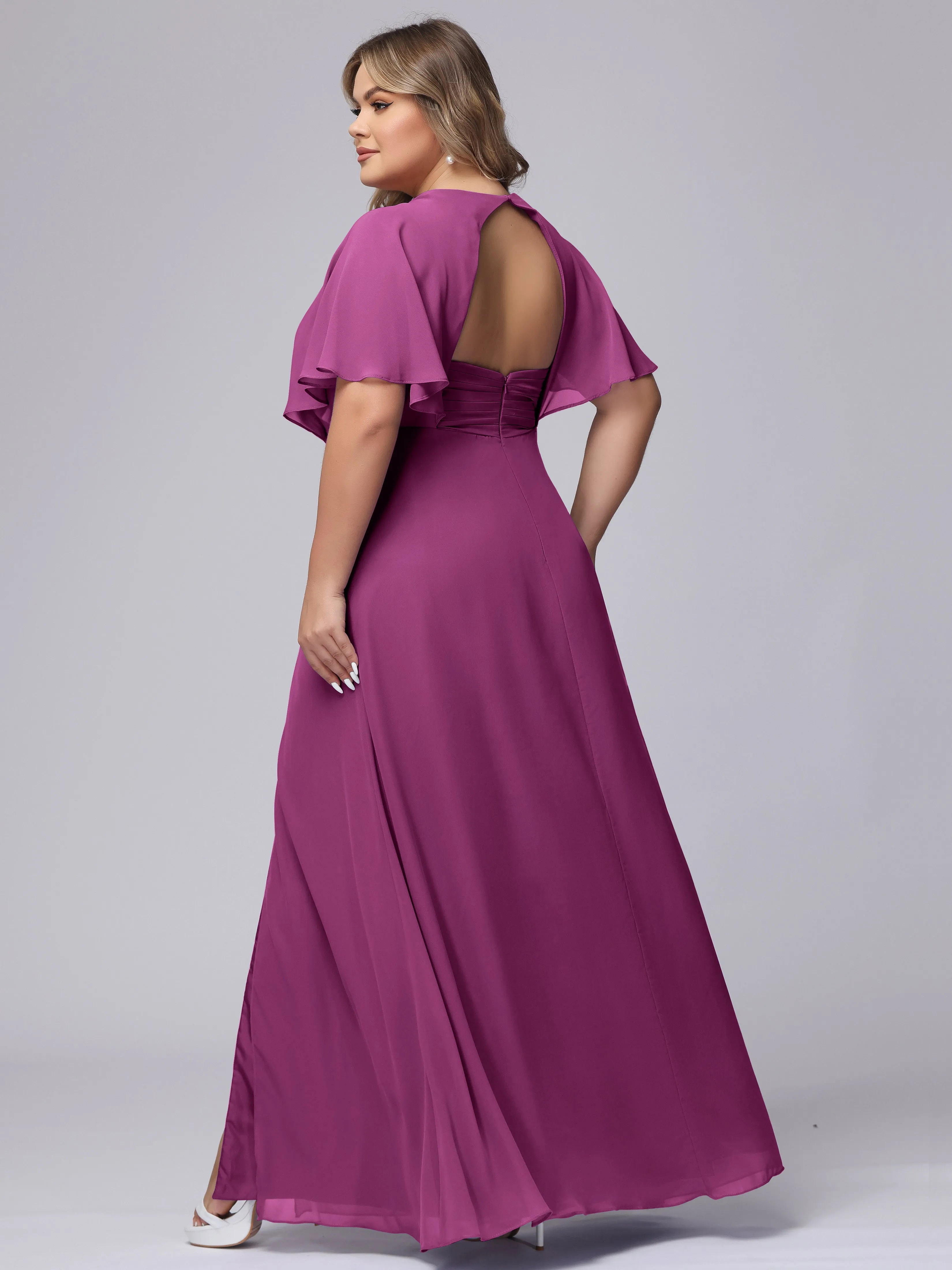 V-Neck Chiffon Short Sleeves Plus Size  Bridesmaid Dresses